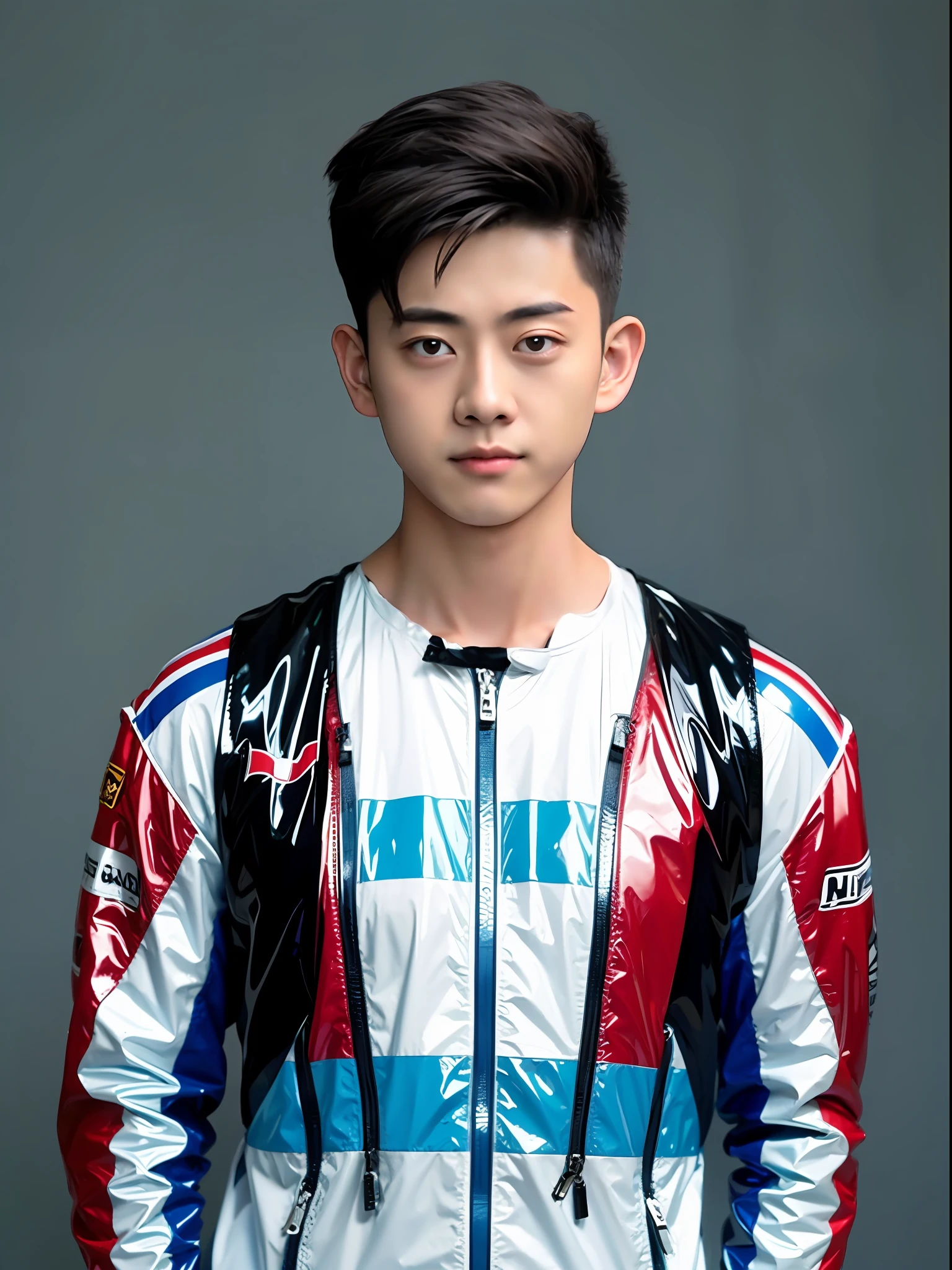 Chinese male high school student,Wearing a blue and red PVC racing suit,There are zippers,solid color backdrop
