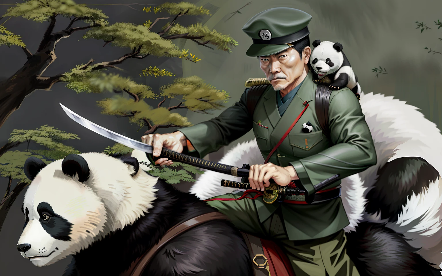 The man in the picture holds a katana in his hand，Riding a panda，Wearing an old-fashioned Japanese green military uniform，Confrontation with the US military