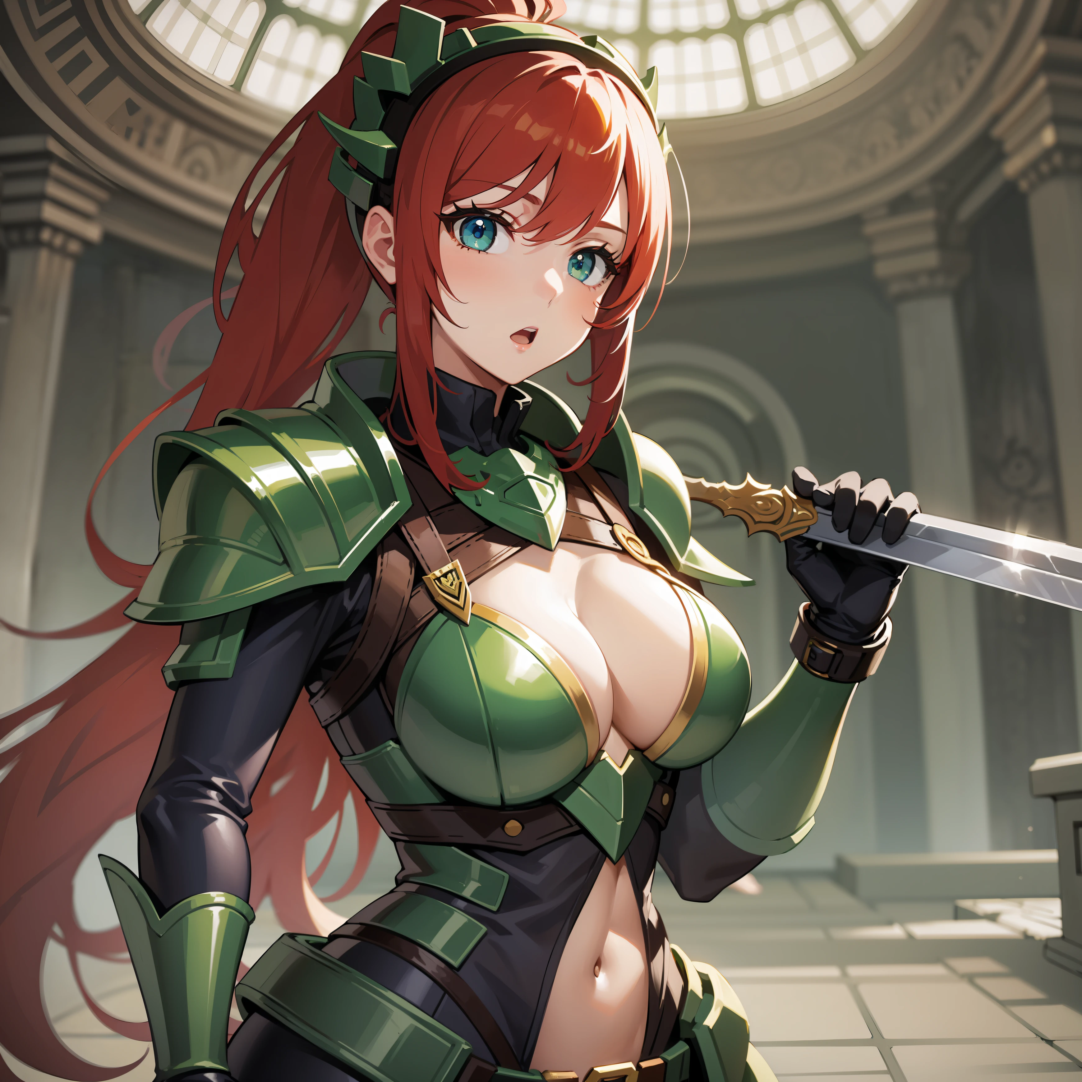 (masterpiece), expressive eyes, 1girl, detailed green armor, helmet, :o, redhead, ponytail, medium breasts, holding a sword, yellow gloves, cleavage, standing