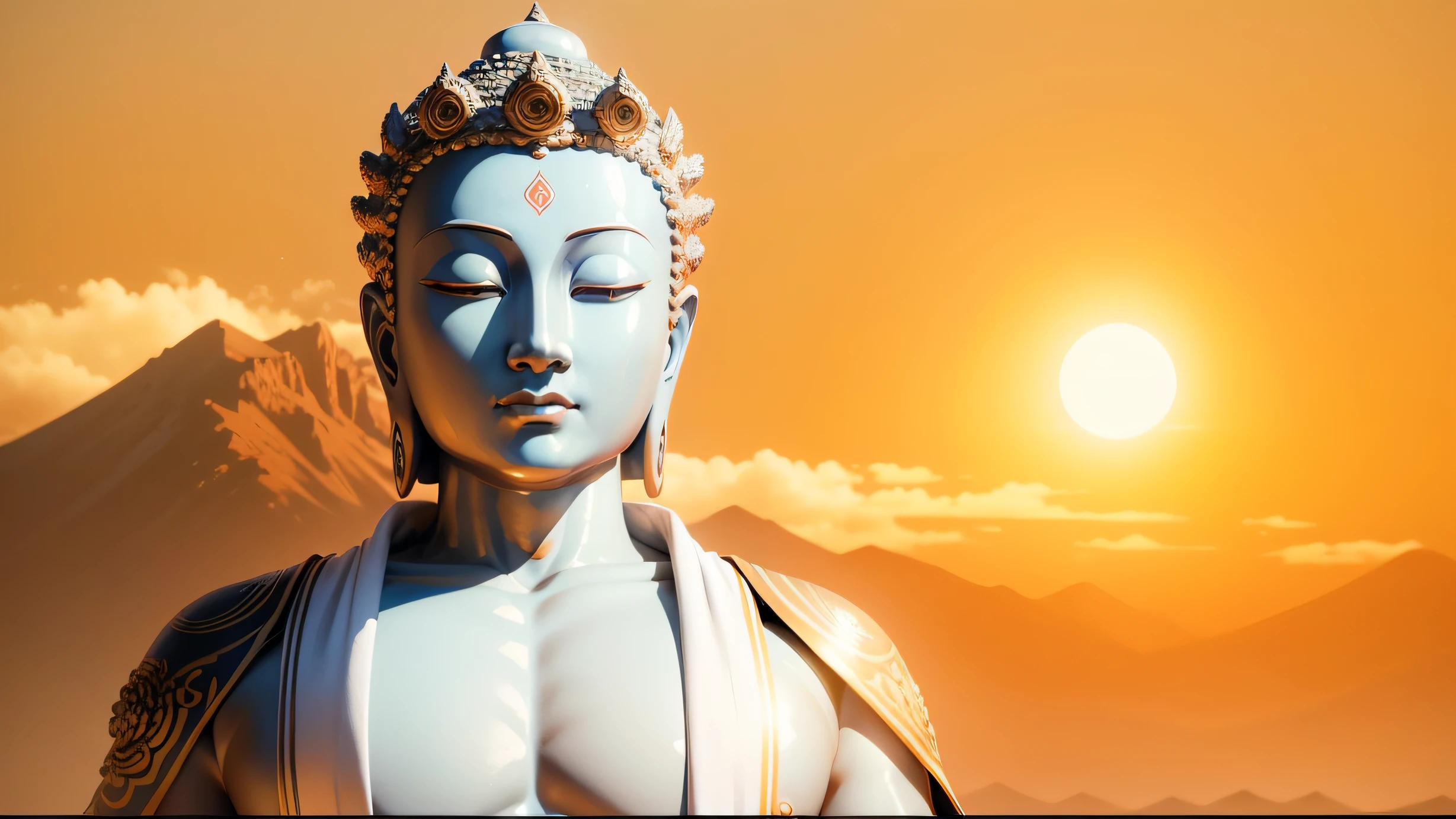 Take the distant mountains、Close-up of humans in the background of the rising sun, a Buddhist Buddha, Buddhism, Buddha, Buddhist, Beautiful image, samsara, personal profile picture, Zen, enlightening, 4 0 9 6, buddhist art, dharma artifacts, Avatar image, attractive male deity, Zen meditation, Peaceful, leaked image, On the road to enlightenment, Karma for tomorrow。Bronzed skin，Bronzed facial skin，Facial fullness, peaceful expression，Realphotos，8K quality，hyper HD，Background early morning sun，with blue sky and white clouds，Draped in Buddhist robes