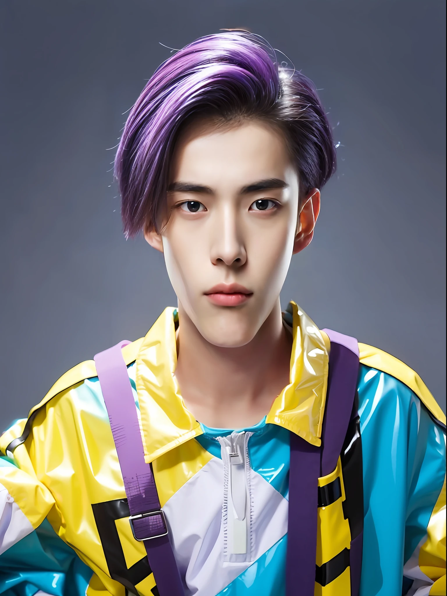 A 16-year-old male high school student,Wearing PVC yellow traffic jam clothing,Purple-cyan hair