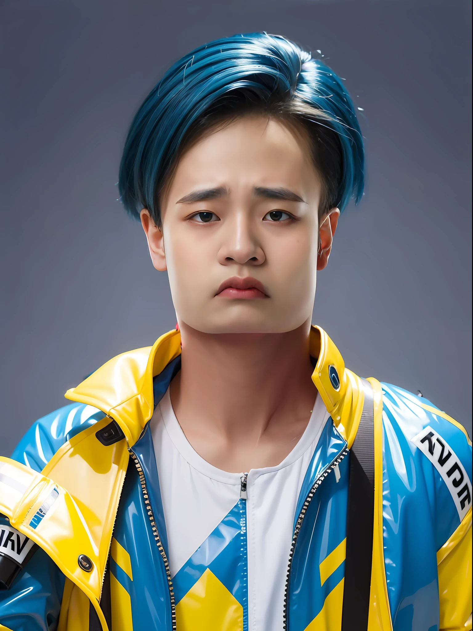 A 16-year-old male high school student,Wearing PVC yellow racing costume,Bluish blue hair