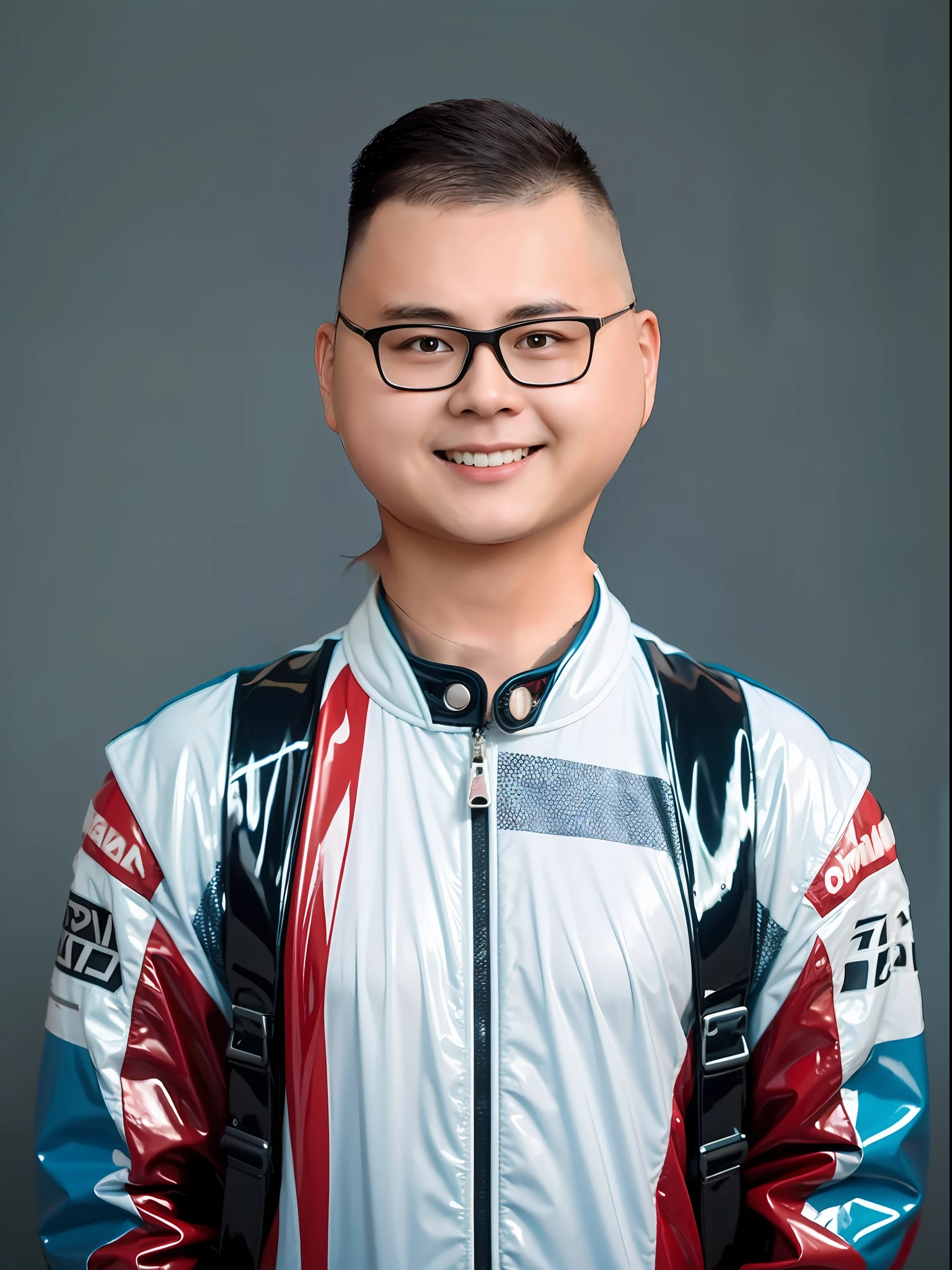 Chinese male high school student,Wearing a blue and red PVC racing suit,There are zippers,solid color backdrop