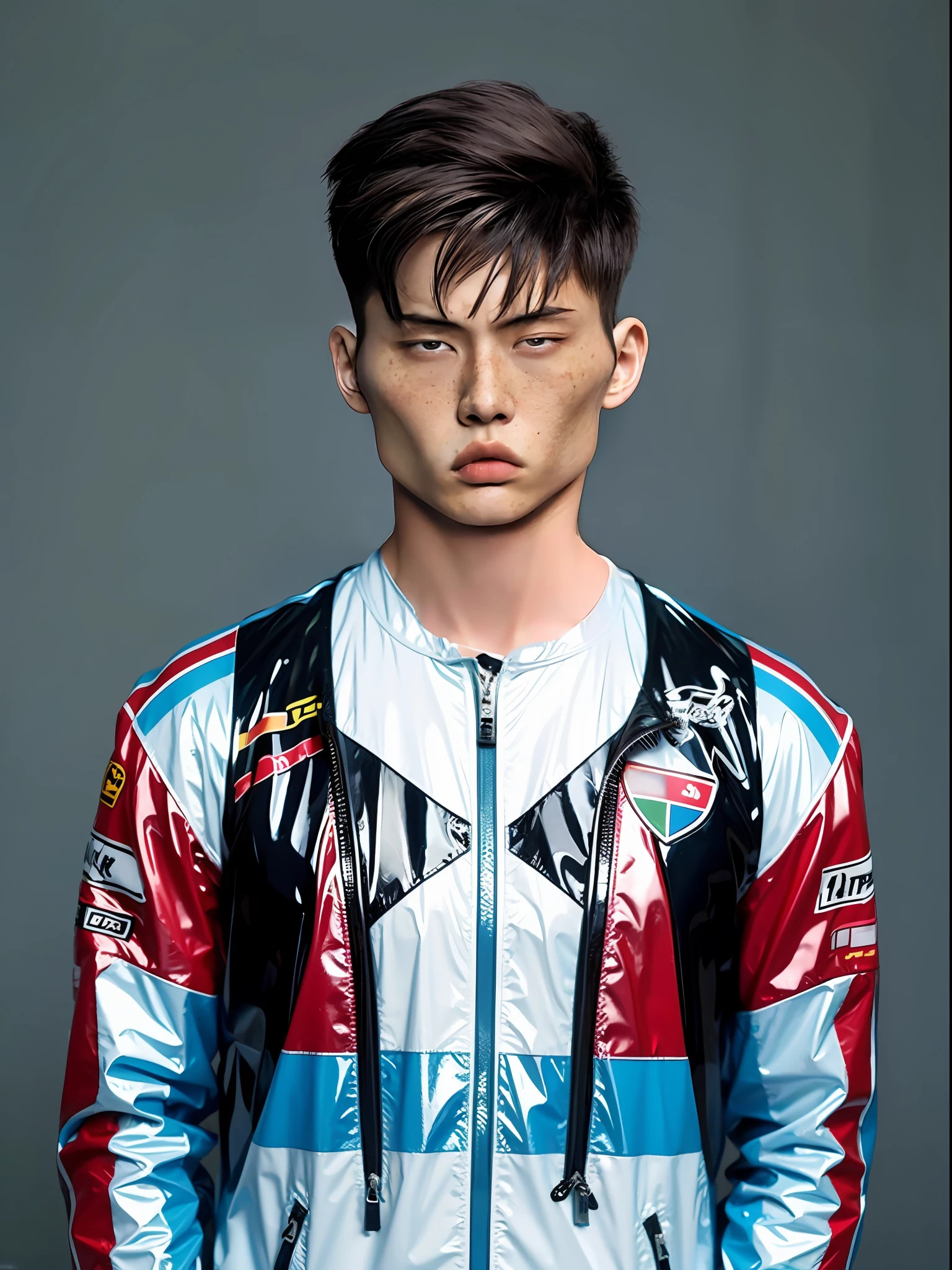 Chinese male high school student,Wearing a blue and red PVC racing suit,There are zippers,solid color backdrop