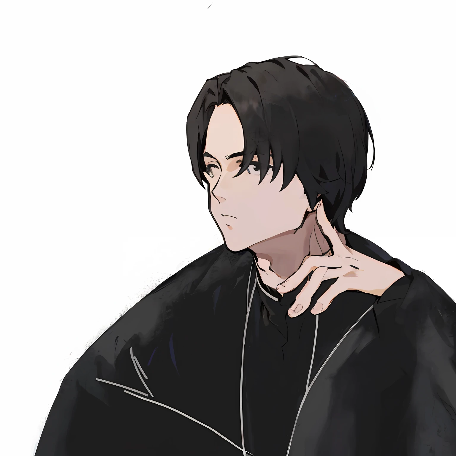 Anime boy with black hair and black and white collar black shirt, brunette color hair, [ Digital art ]!!, in an anime style, boy has short black hair, A handsome man，with short black hair, Delicate androgynous prince, wearing black clothes，shigenori soejima illustration, In anime style, Male anime style, High-quality fanart