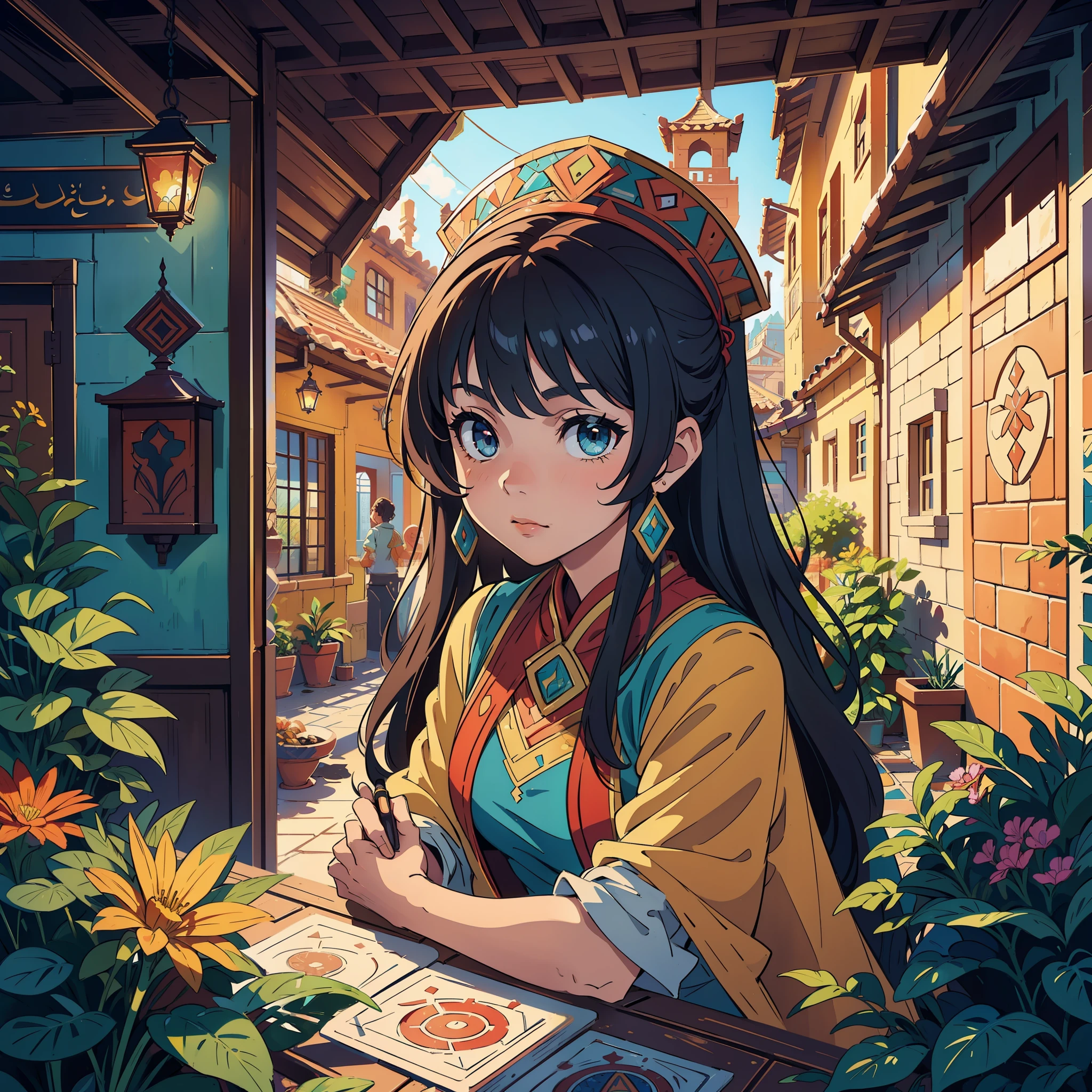 "Step into a scene that celebrates the enchanting beauty of Arabic Moroccan roofs with an artistic touch. The art style takes inspiration from mosaic art and geometry, infusing the scene with vibrant colors and patterns. The rooftops form an intricate mosaic of terracotta tiles, each tile showcasing a unique design. The camera captures a close-up shot with a fish-eye lens, emphasizing the hypnotic patterns and the interplay of colors. The lighting is vivid, with sunlight casting warm glows on the tiles, enhancing their artistic allure. The artwork should be rendered with high resolution, inviting the viewer to immerse themselves in the mesmerizing world of Moroccan rooftops."