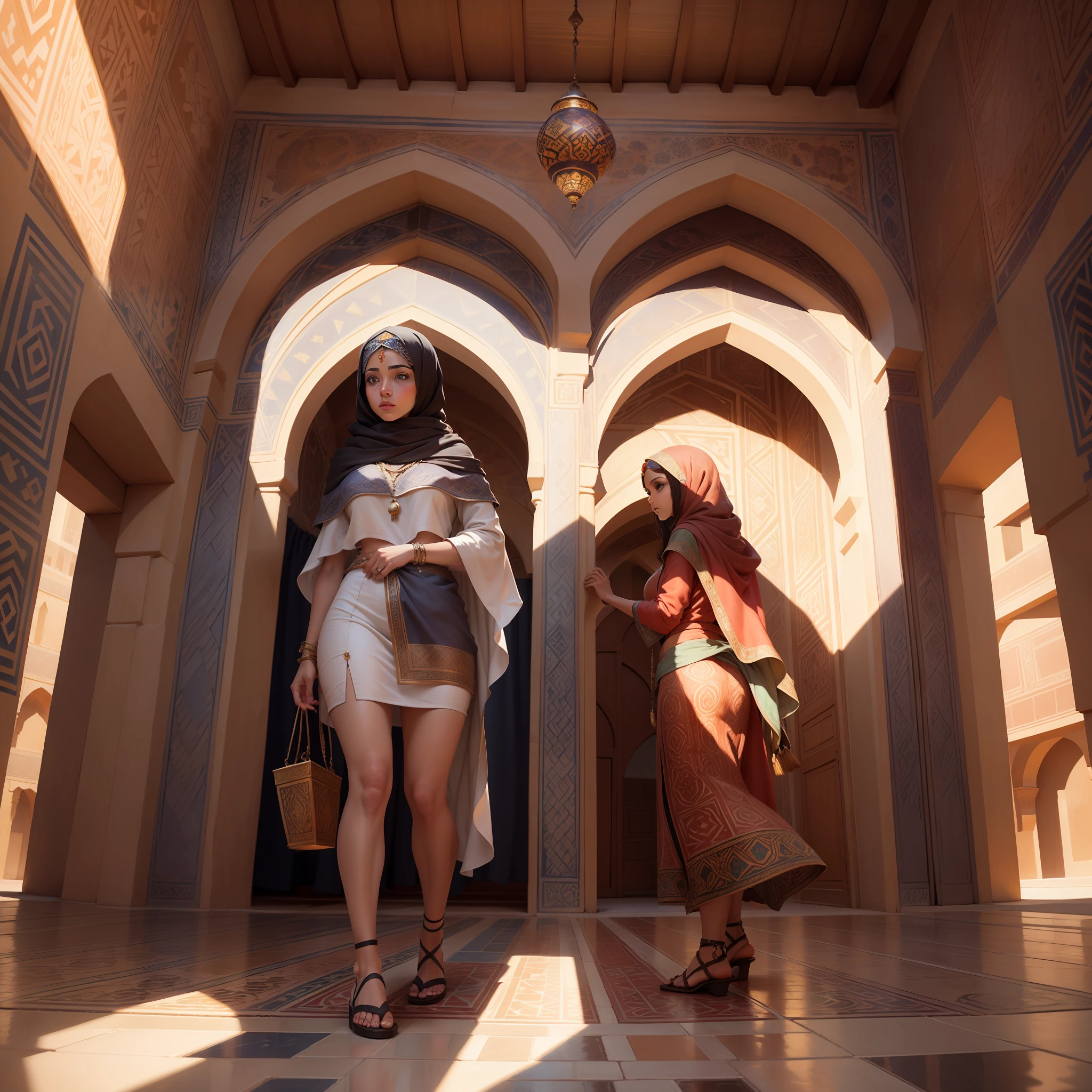 "Step into a scene that celebrates the enchanting beauty of Arabic Moroccan roofs with an artistic touch. The art style takes inspiration from mosaic art and geometry, infusing the scene with vibrant colors and patterns. The rooftops form an intricate mosaic of terracotta tiles, each tile showcasing a unique design. The camera captures a close-up shot with a fish-eye lens, emphasizing the hypnotic patterns and the interplay of colors. The lighting is vivid, with sunlight casting warm glows on the tiles, enhancing their artistic allure. The artwork should be rendered with high resolution, inviting the viewer to immerse themselves in the mesmerizing world of Moroccan rooftops."