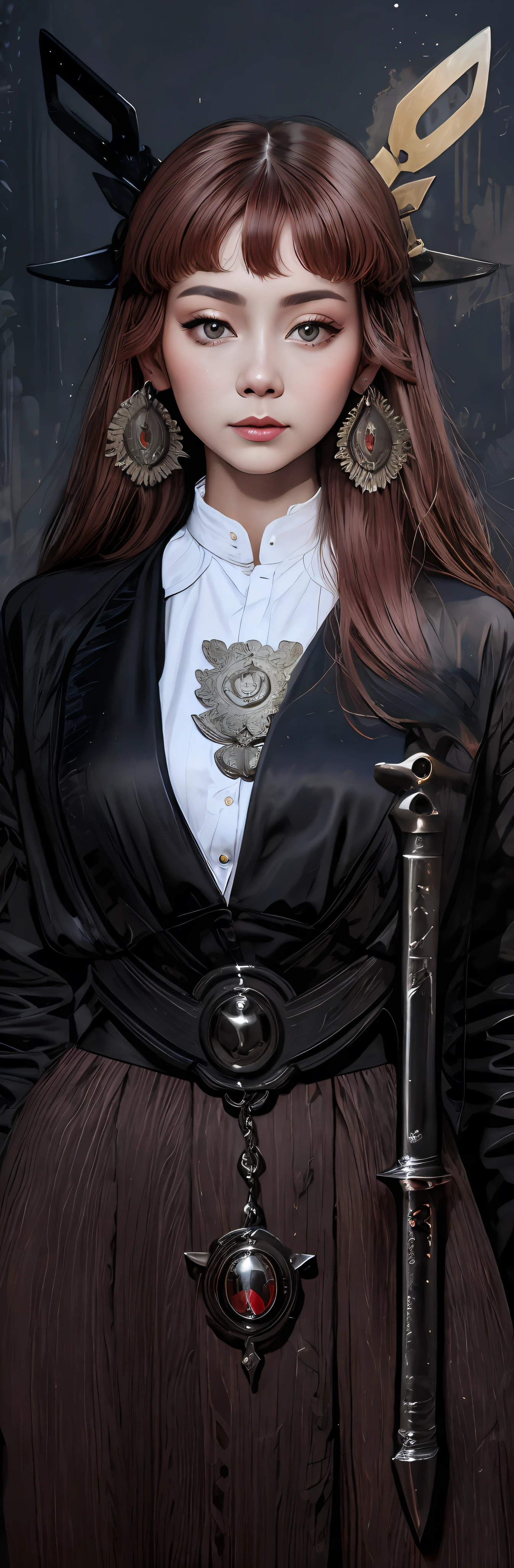 Harry Clark style,Mysterious and amazing,close up photograph.The camera focuses on the woman with the knife，Emphasize the details of the knife。