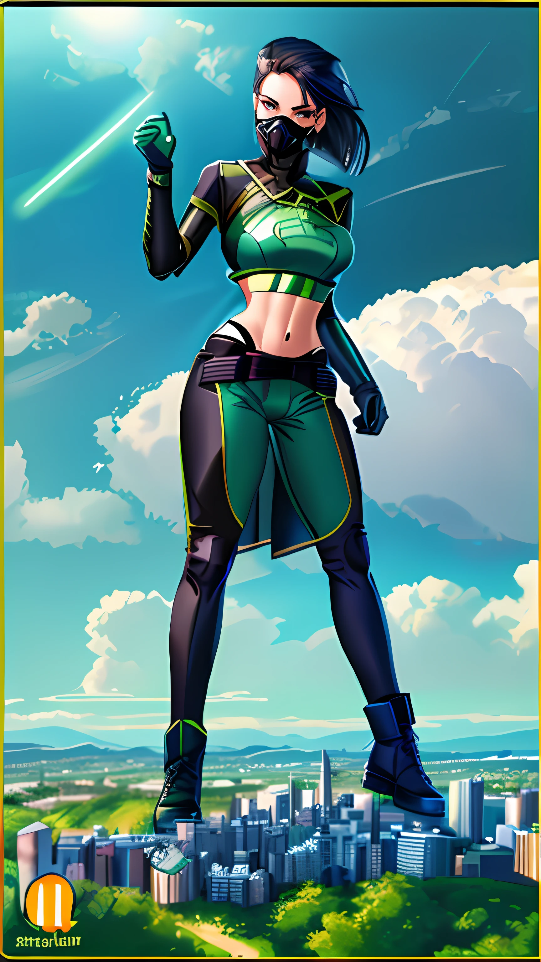 Viper towerring over city, beautiful, photorealistic perfect body, masterpiece, best quality, valorantviper, green bodysuit, elbow gloves, belt, gasmask, looking at viewer, face, portrait, close-up, glowing eyes, navel, abs, (((midriff exposed))), photorealistic picture, digital art. photo realistic
