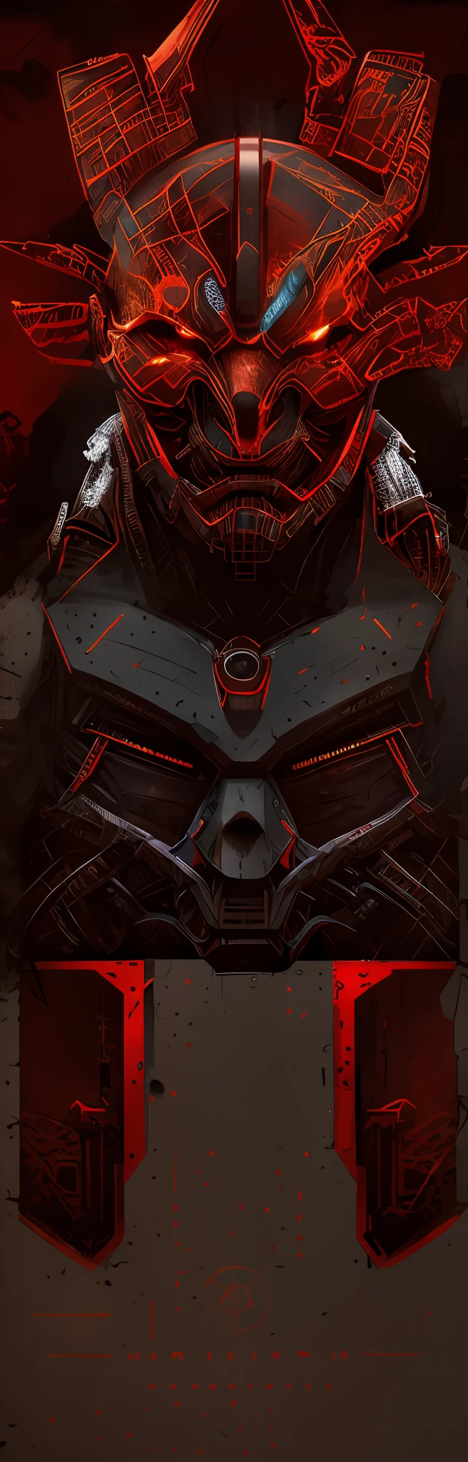 high definition detail,Gorgeous colors,Demon cyberpunk style,Red Bull Head+Trumpet+neck bowtie,Biomechanical robot ninja background,Mobile wallpaper level,Red biomechanical details stand out,Magical magic machine,dark cyberpunk illustration,Cover artwork,Symmetrical beauty,cyborg man portrait,Dark metal music art cover,official art works。