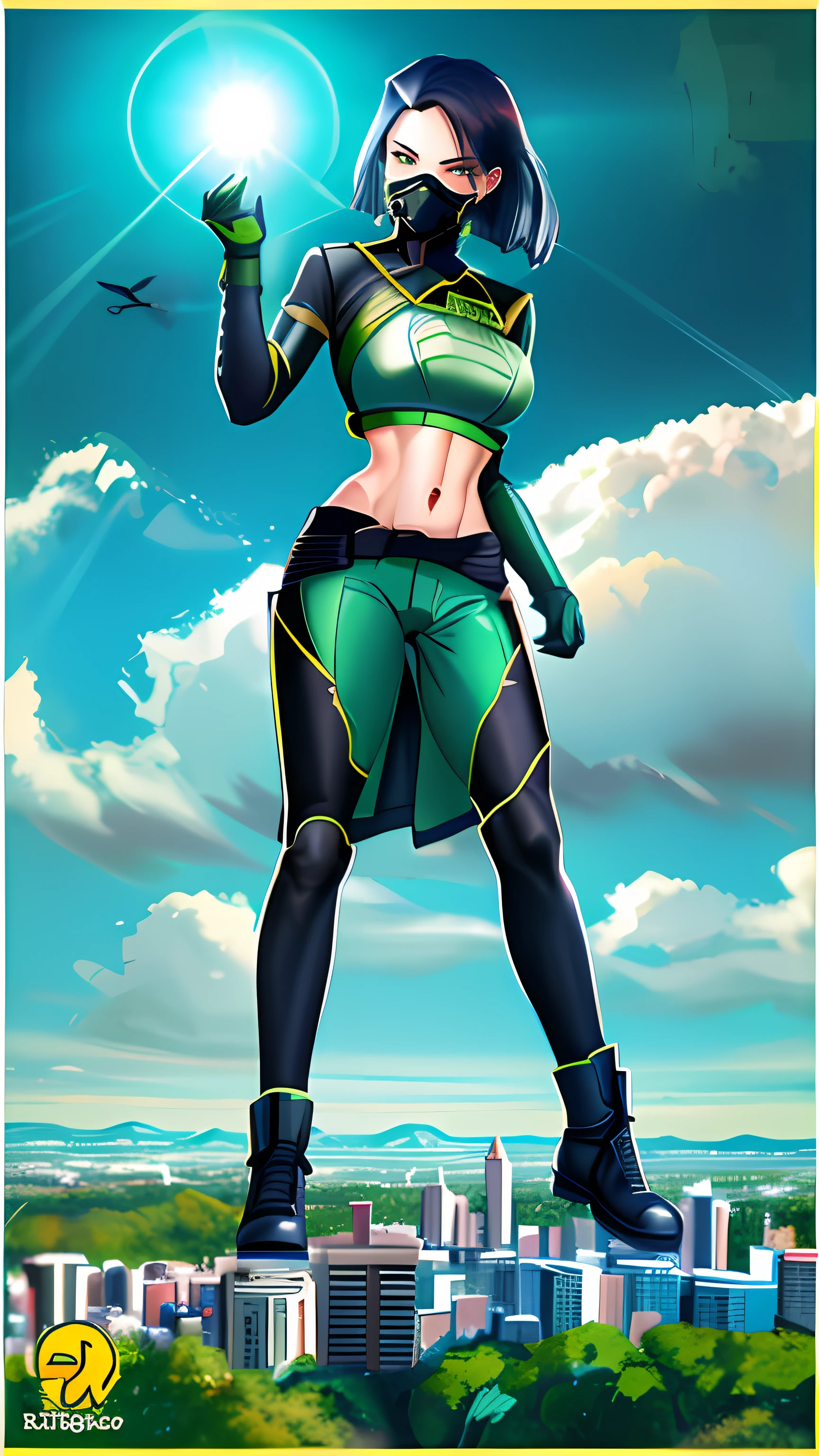 Viper towerring over city, beautiful, photorealistic perfect body, masterpiece, best quality, valorantviper, green bodysuit, elbow gloves, belt, gasmask, looking at viewer, face, portrait, close-up, glowing eyes, navel, abs, (((midriff exposed))), photorealistic picture, digital art. photo realistic