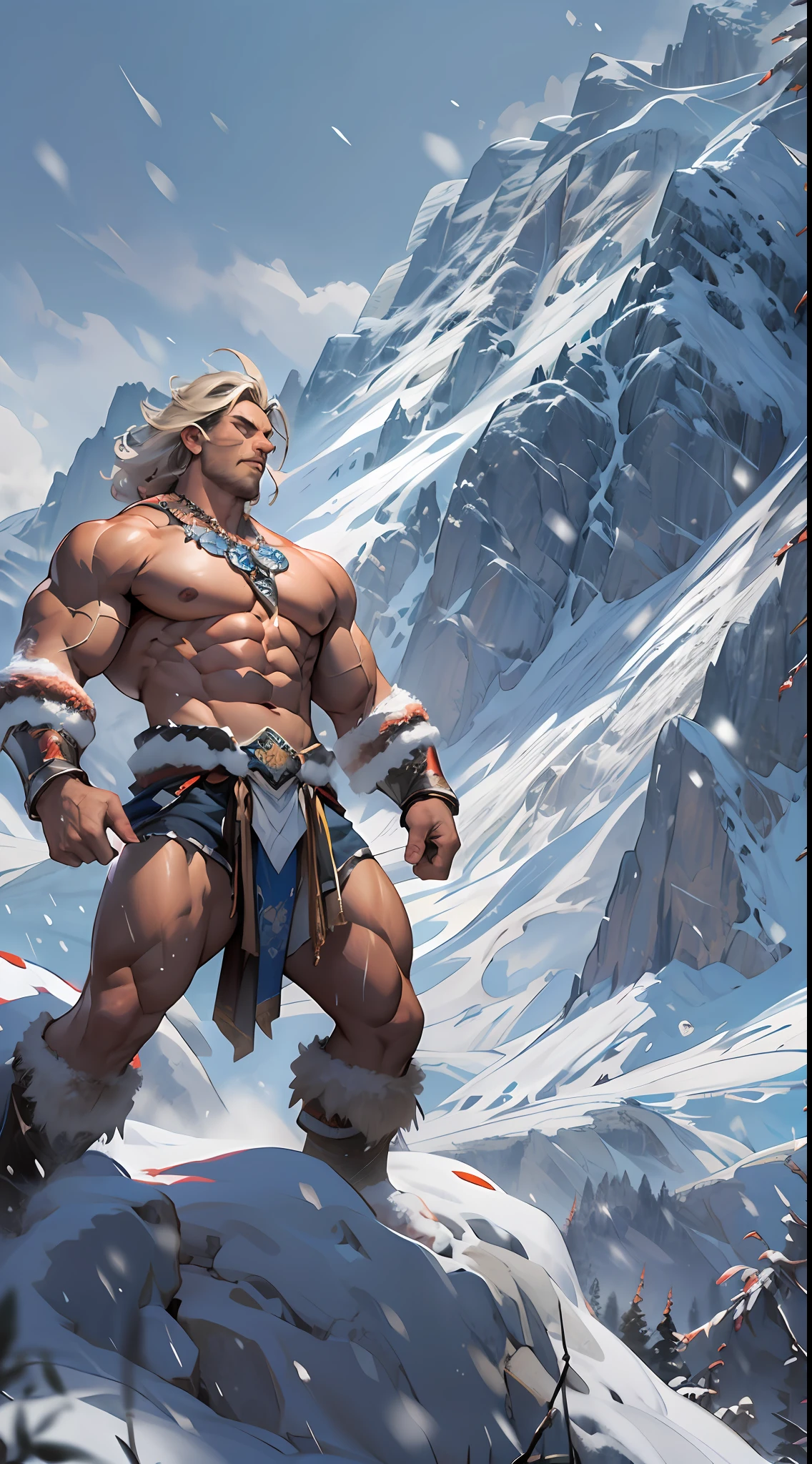 Mighty warrior, shirtless upper body, legs exposed from thighs to feet, cascading long curls, detailed muscular physique, lifelike depiction, 4K resolution. Background: Snow-covered mountain peak,32k uhd, best quality, masterpiece, super detail, high details