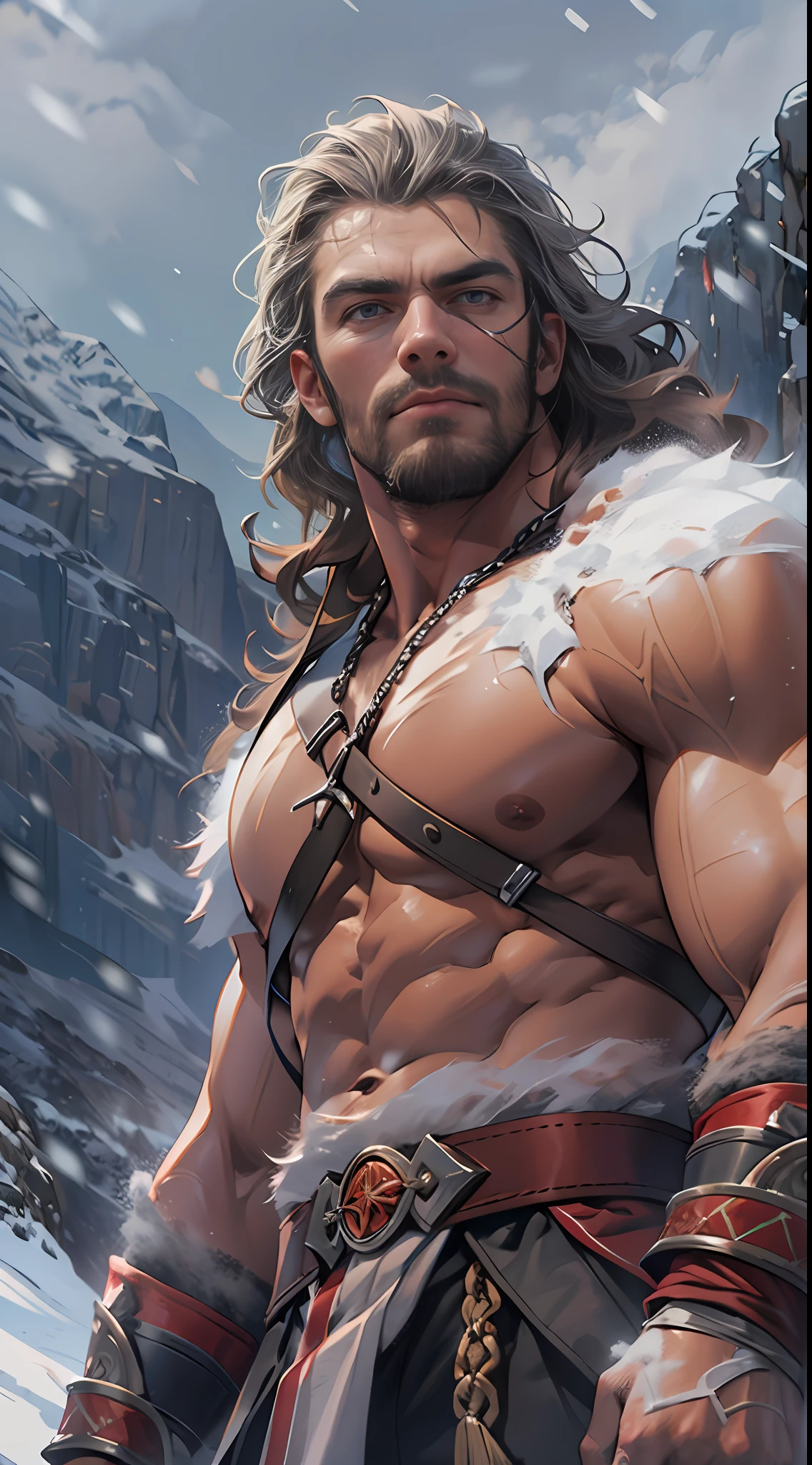 Mighty warrior, shirtless upper body, legs exposed from thighs to feet, cascading long curls, detailed muscular physique, lifelike depiction, 4K resolution. Background: Snow-covered mountain peak,32k uhd, best quality, masterpiece, super detail, high details