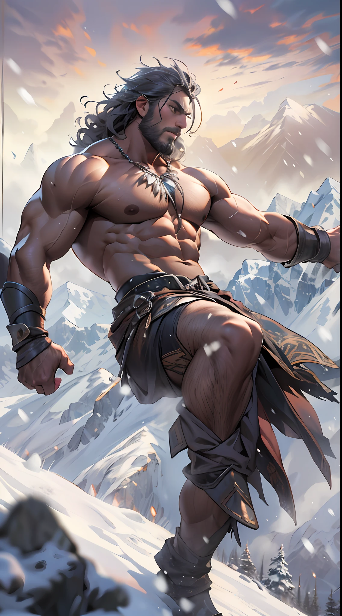 Mighty warrior, shirtless upper body, legs exposed from thighs to feet, cascading long curls, detailed muscular physique, lifelike depiction, 4K resolution. Background: Snow-covered mountain peak,32k uhd, best quality, masterpiece, super detail, high details