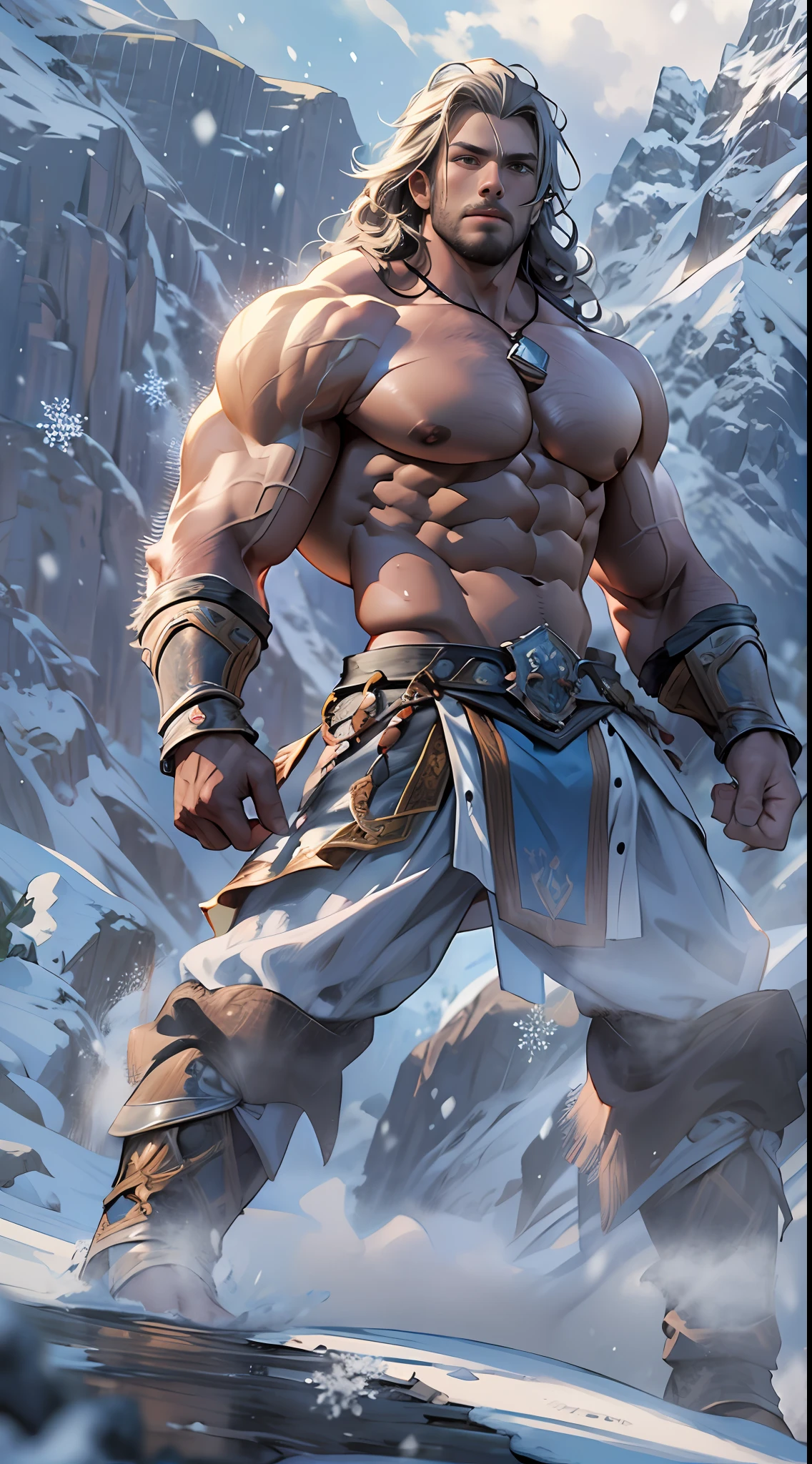 Mighty warrior, shirtless upper body, legs exposed from thighs to feet, cascading long curls, detailed muscular physique, lifelike depiction, 4K resolution. Background: Snow-covered mountain peak,32k uhd, best quality, masterpiece, super detail, high details