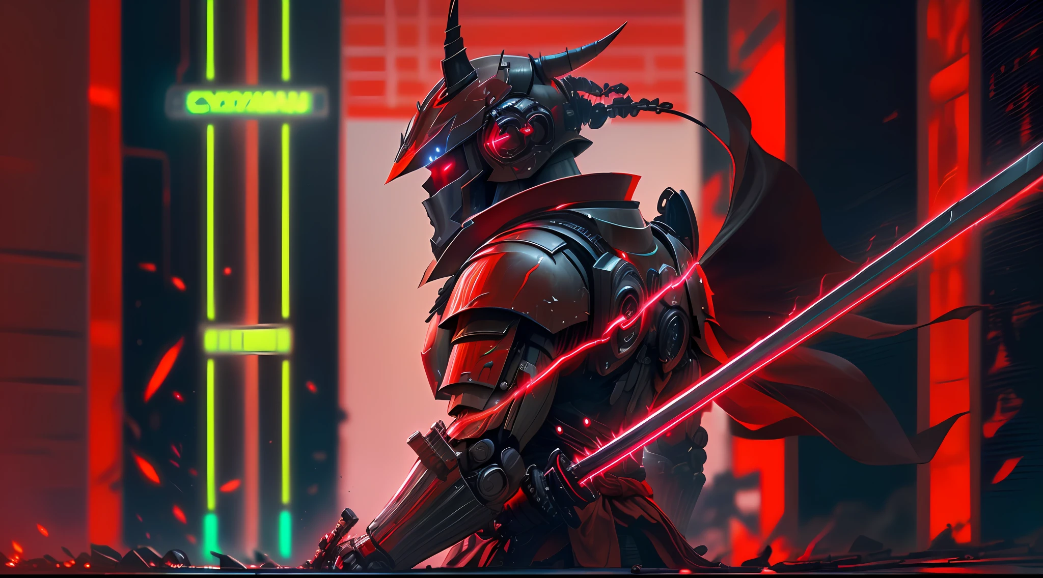 Super realistic, hyper realistic, super detailed, (cybersamurai, standing, male focus, horns, holding weapon, armor, glowing, holding sword, helmet, robot, mecha, science fiction, energy sword, red armor, neon lights:1.3) (glowing simple black background:1.25),