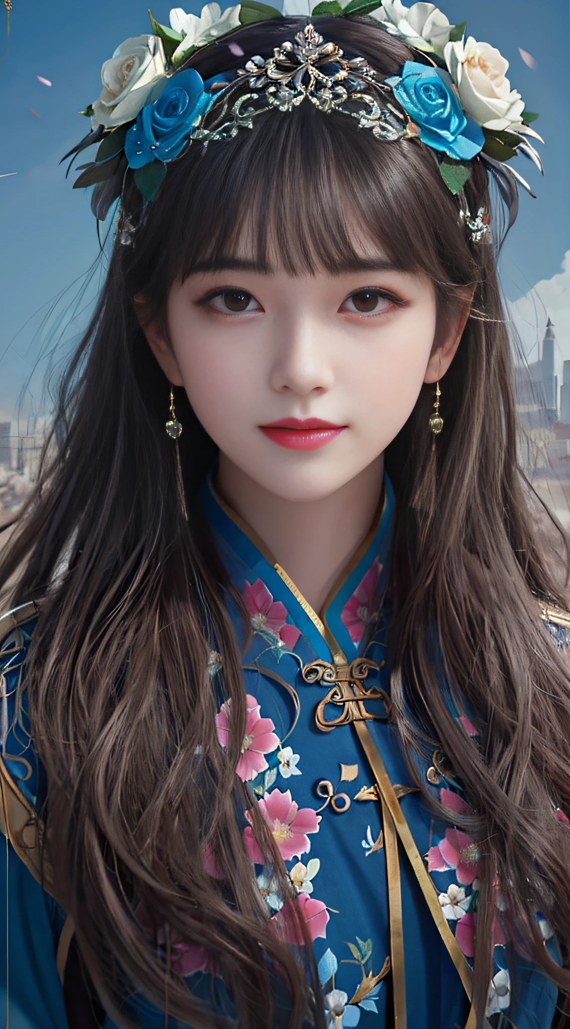 a close up of a woman wearing a blue dress and a flower crown, Guviz-style artwork, Guviz, Chinese girl, Palace , A girl in Hanfu, detailed face of a asian girl, Realistic. Cheng Yi, Gorgeous digital painting, Beautiful digital artwork, Phlegm sputum, phlegm : : 5, Kawaii realistic portrait, inspired by Wu Bin