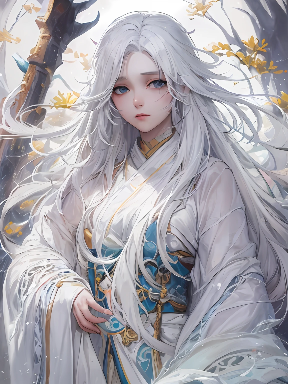 A pixiv competition winner, fantasy art, white-haired god, beautiful character painting, guvez style artwork, dazzling gaze of Yuki Onna, guweiz, long white hair, flowing hair and robes, cute big eyes, illustrations, fine lines, deep color