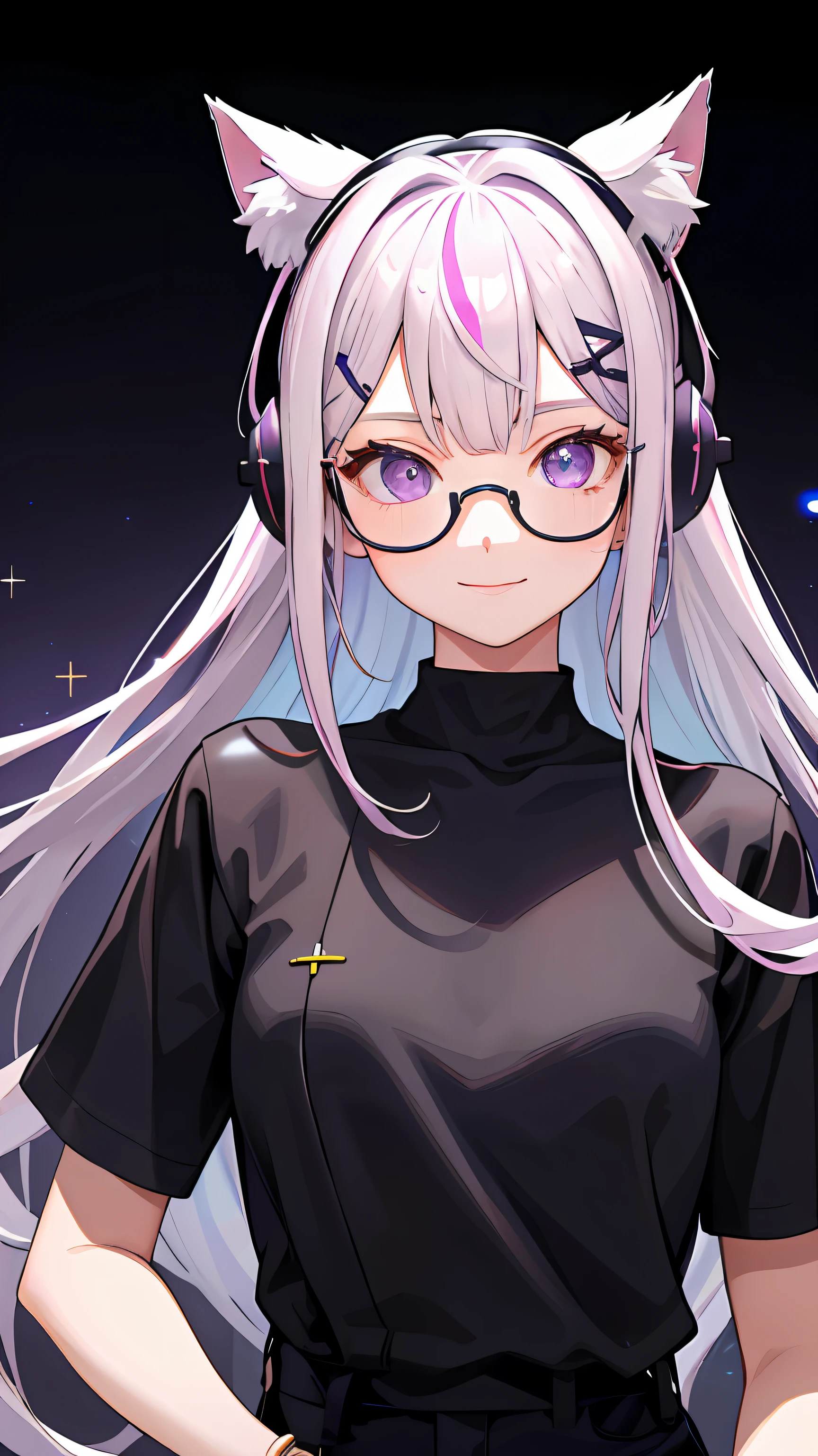 white backgrounid, Frontal photo, Bust photo, Striped hair, Purple hair, hair over shoulders, widow peak, one side up, Hairpin, sunglasses, Earphone, musical note hair ornament, Moles under eyes, mismatched pupils, pupils sparkling, Cat ears, Smile, tachi-e, Negative space, hyper HD, retinas, Masterpiece, ccurate, Anatomically correct, Textured skin, Super detail, High details, High quality, Award-Awarded, Best quality, A high resolution, 8K,The clothes ar:Avant-garde,Avant-garde,experiment