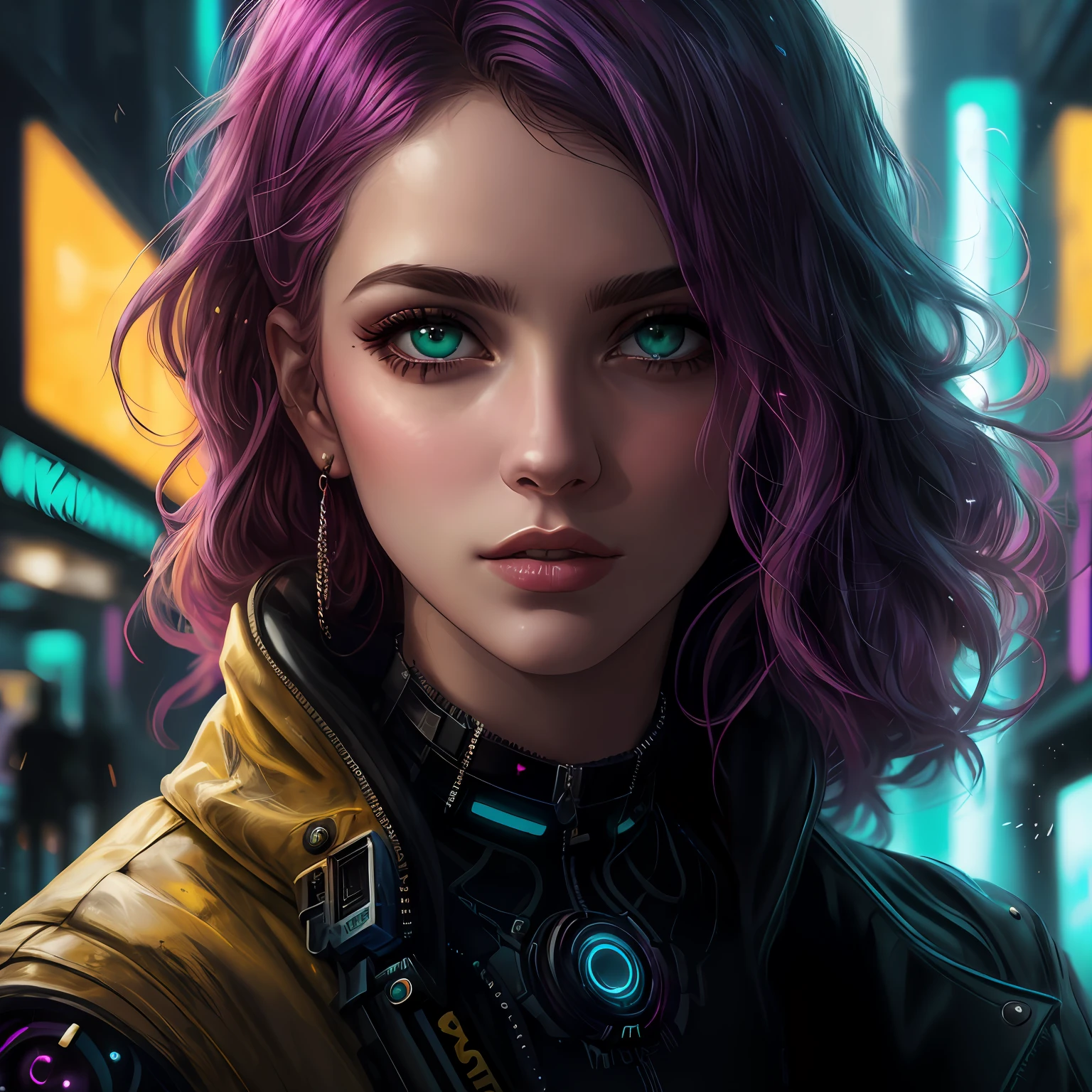 (((melhor qualidade, best resolution, obra-prima, toltamente detalhado,absurdos))),um close up de uma mulher com capuz em uma cidade, Ross Tran 8 K, retrato cyberpunk, olhos expressivos e citilantes,brilho cyberpunk brilhante, O retrato da cyberpunk, cara bonita da meninapunk, bela arte digital, vibe cyberpunk, estilo de arte cyberpunk, cyberpunk menina bonitina cyberpunk sra, Arte digital realista 4K, Arte digital realista 4K, no estilo cyberpunk
