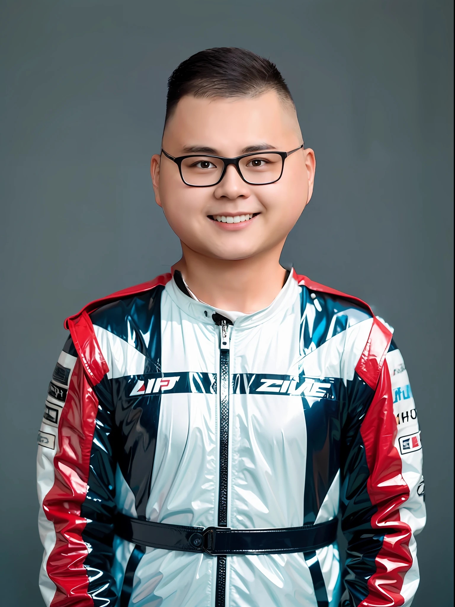 Chinese male high school student，Wearing a blue and red PVC racing suit，There are zippers，solid color backdrop