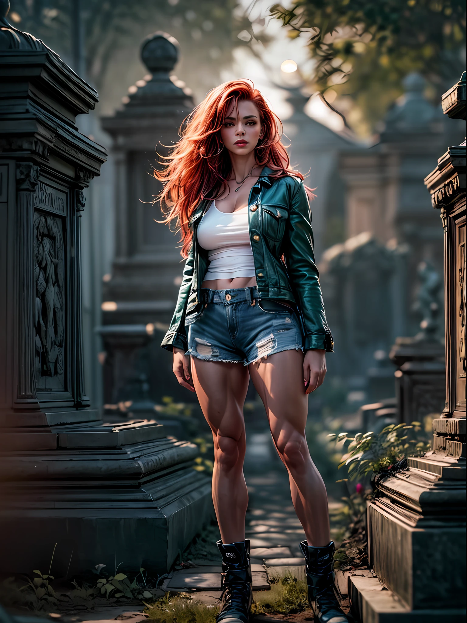 (best quality, photo-realistic, masterpiece:1.4), (red-haired woman:1.3) with (long flowing locks:1.2), captivating (emerald green eyes:1.4) shimmering with an otherworldly glow, (adorable freckles:1.2) adorning her cheeks, (flawlessly contoured makeup:1.3) enhancing her facial features, wearing a (figure-hugging cropped white top:1.4) with a revealing neckline, paired with a (snug and short blue denim shorts:1.4), her (toned and muscular physique:1.4) exuding strength and allure, boasting (ample bosom:1.4), strolling gracefully through a gothic cemetery, the (setting sun:1.4) casting a radiant glow on her skin, creating a striking contrast with the (gloomy gothic surroundings:1.2), Cinematic, Hyper-detailed, insane details, beautifully color graded, Super-Resolution, Megapixel, Cinematic Lightning,  Post Processing, Post Production, Tone Mapping Insanely detailed and intricate, Hyper maximalist, Volumetric, Photorealistic, ultra photoreal, ultra-detailed, intricate details, 8K, Super detailed, Full color, Volumetric lightning, HDR, Sharp focus
