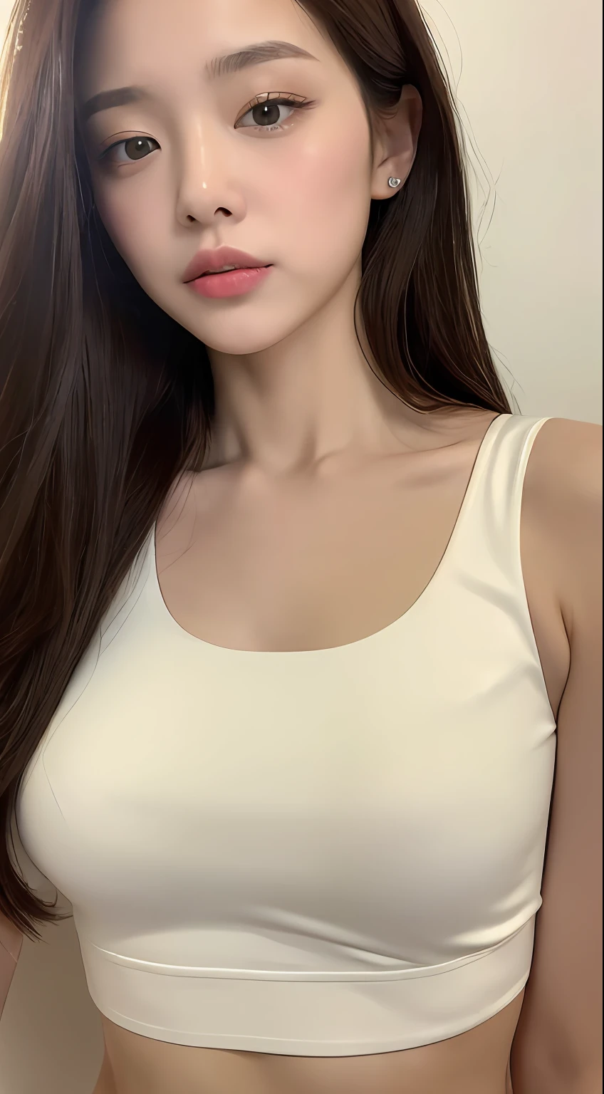 ((top-quality、8K、masterpiece:1.3))、Clear Focus:1.2、1girl in、Perfect figure:1.4、Slim abs:1.1、((dark brown hair))、(White crop top:1.4)、(White background、natta:1.1)、Street、Super fine face、Narrow-eyed、二重まぶた、
