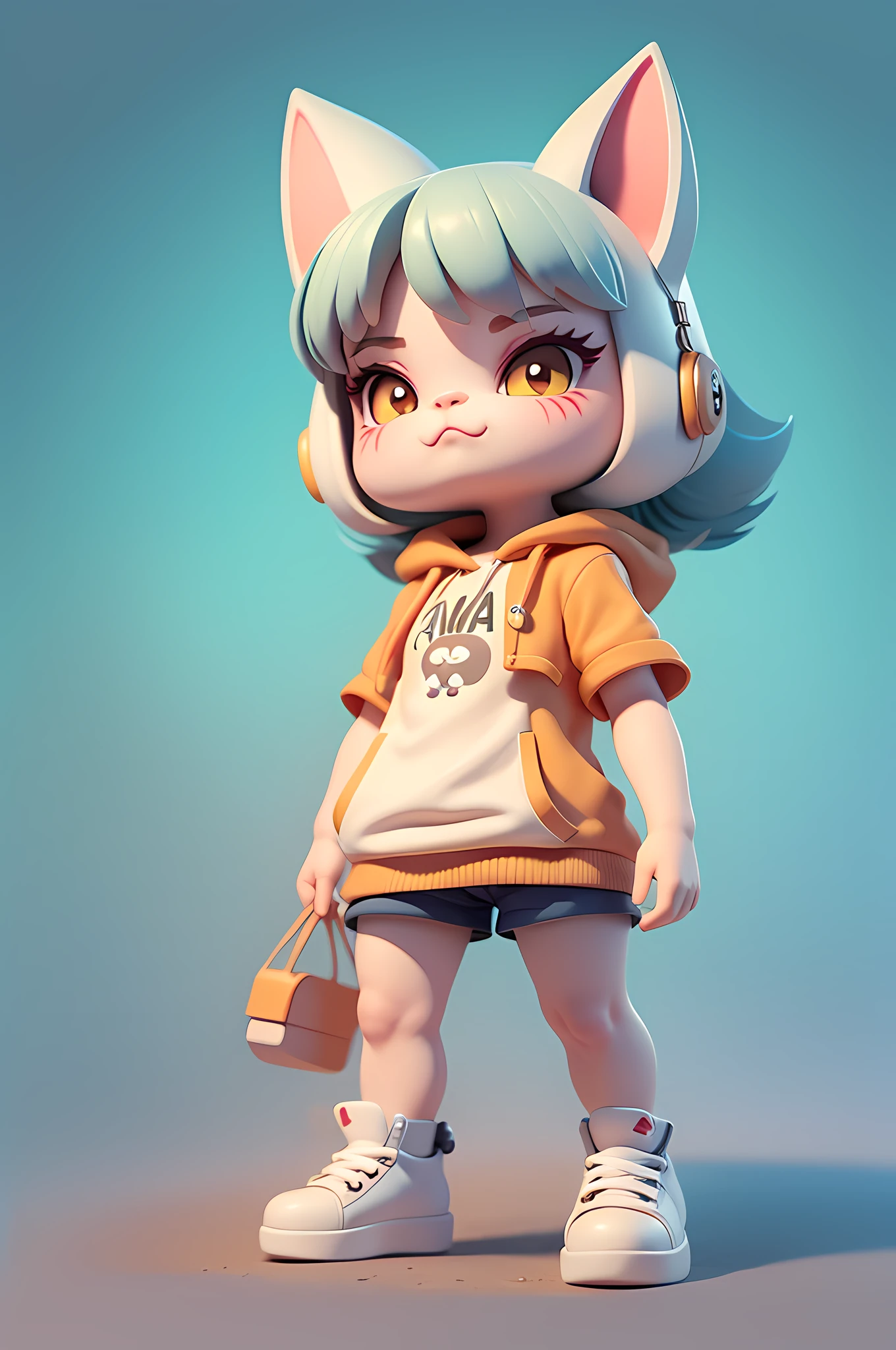 c4tt4stic, uma gatinha dos desenhos animados com fones de ouvido vendo seu celular, uma blusa roxa, orando, rezando, olhos dourados