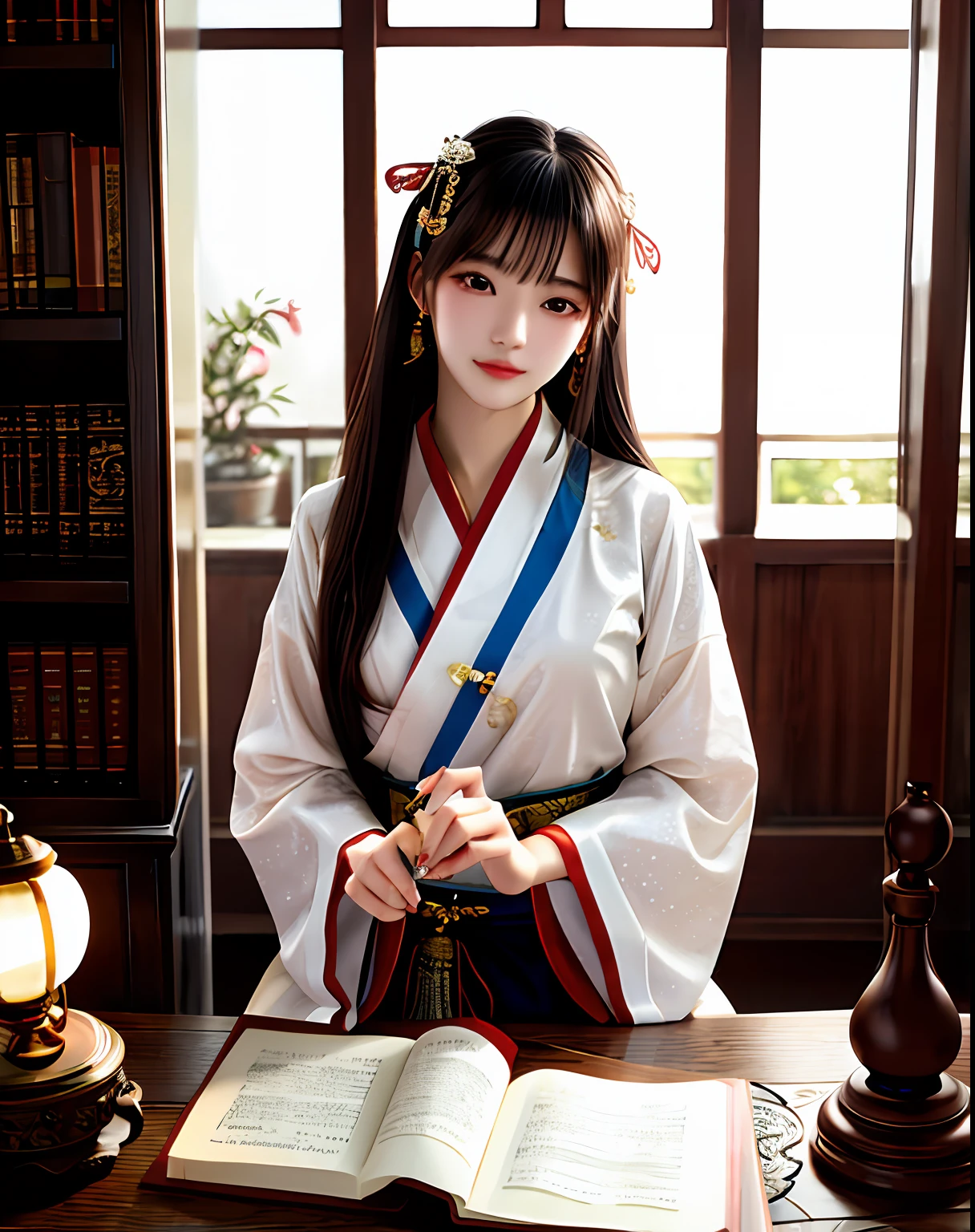 Best quality, Masterpiece, A high resolution, 1girll,Beautiful face,Chinese clothes,White Taoist robes,Being in the room,holding book,bookcase,oil lamp,Warm light