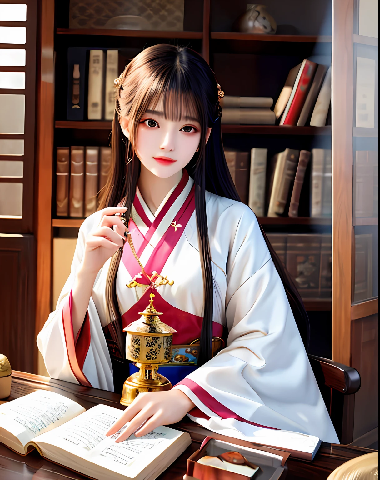 Best quality, Masterpiece, A high resolution, 1girll,Beautiful face,Chinese clothes,White Taoist robes,Being in the room,holding book,bookcase,oil lamp,Warm light