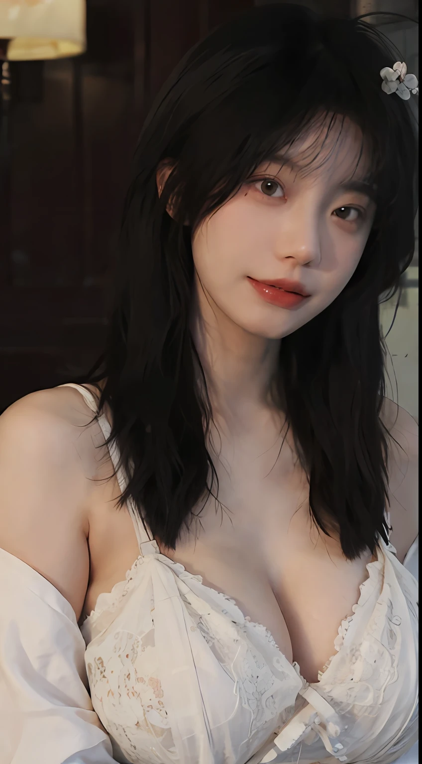 best qualtiy， 超高分辨率， （realisticlying：1.4）， one-girl，black long straight hair， A pair of clear and moving peach blossom eyes,Royal Sister，Fair skin，（full bodyesbian：1.8）a sense of atmosphere，a beauty girl， ssmile，Yellow wedding dress， looking at viewert， closeup cleavage ，(Photorealistic:1.4),1girll,Sexy,(Black lace bra:1.2),(Big breasts:1.9),(Upper body:1.4),(Wet body),(:1.4)