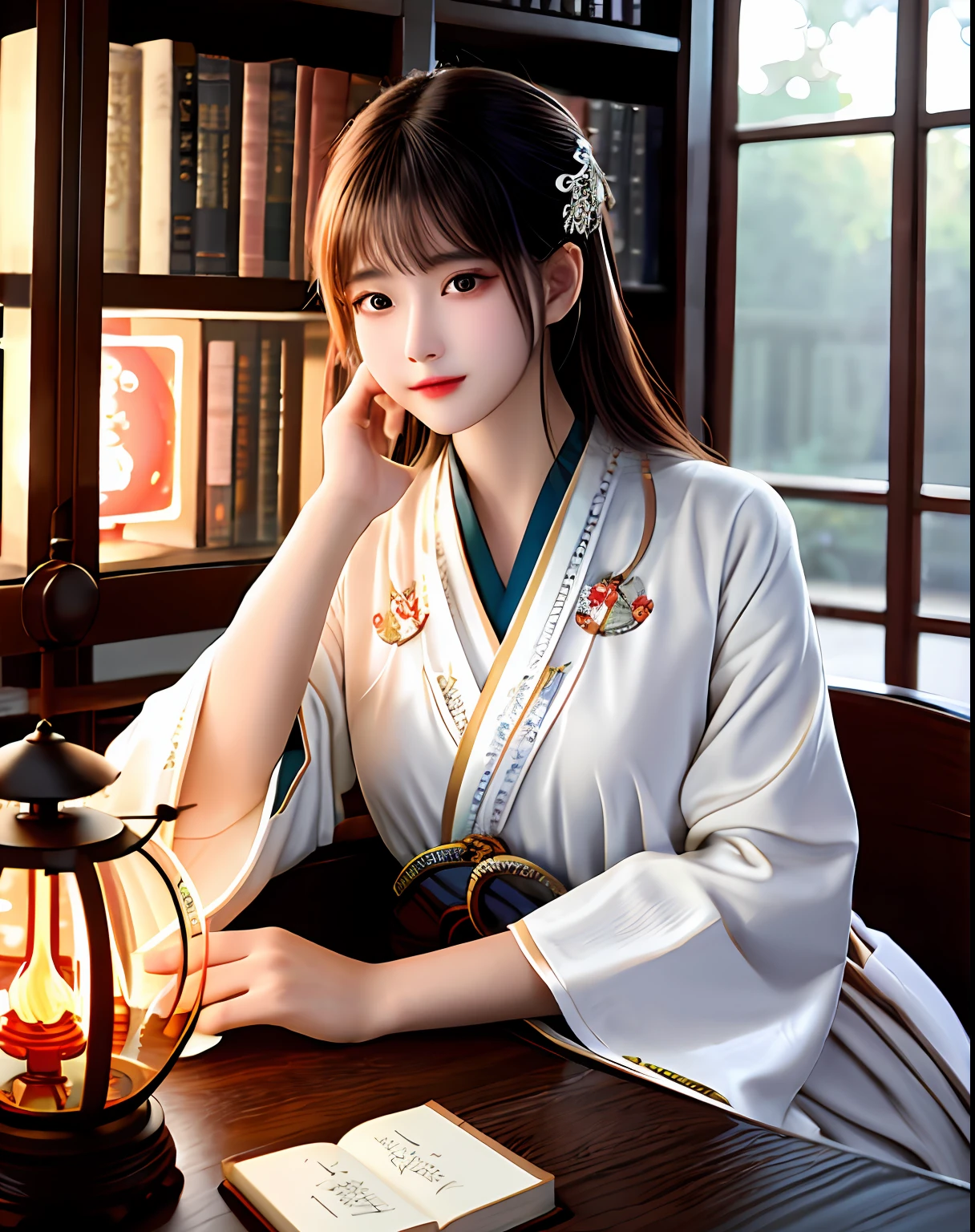 Best quality, Masterpiece, A high resolution, 1girll,Beautiful face,Chinese clothes,White Taoist robes,Being in the room,holding book,bookcase,oil lamp,Warm light