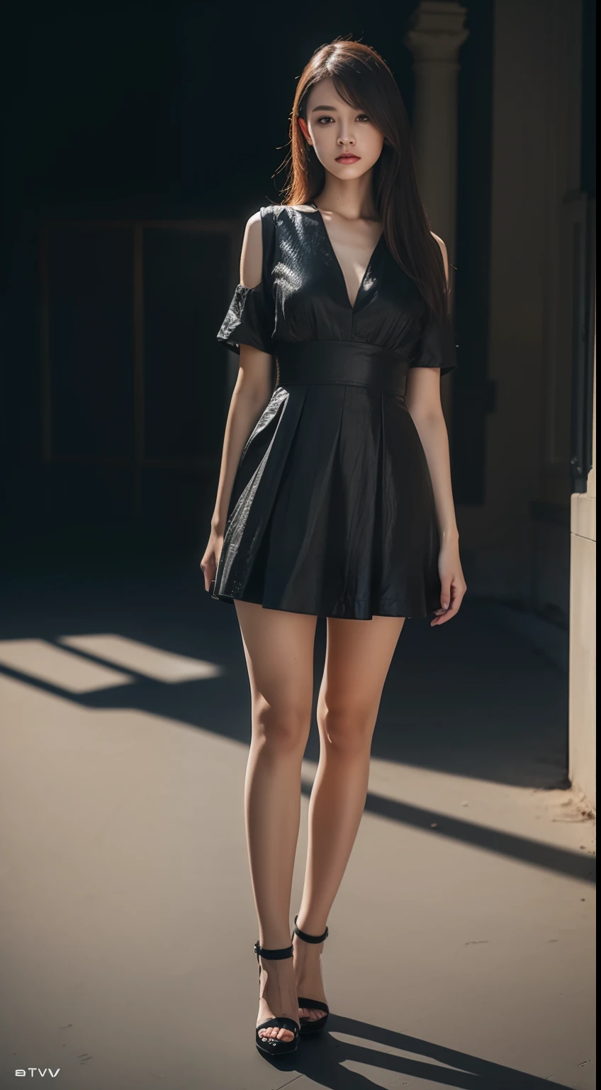 mix4, 20d, solo, long_hair, shirt, dress, high_heels, full_body, look_at_viewer, (8k, RAW photo, best quality, mastery:1.2), (realistic, photo-realistic:1.37), professional lighting, photon mapping,