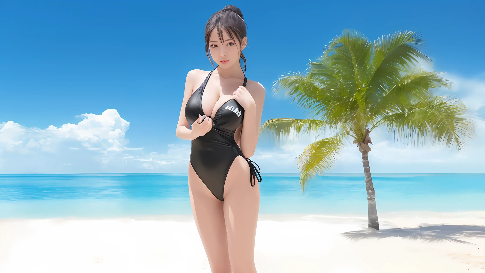 nffsw, retinas, masutepiece, ccurate, Anatomically correct, Textured skin, Super Detail, high details, High quality, awardwinning, Best Quality, hight resolution, hard disk, 16 K, There is a woman in a black swimsuit standing on the beach, wearing a swimming wear, High leg dress swimsuit, Realistic swimwear, Black swimsuit, Photorealistic perfect body, Sexy and beautiful gravure models、Cute s, Colossal tits、Constricted waist、Tight buttocks、Beautiful body line、Sexy gravure models、Lewd sister