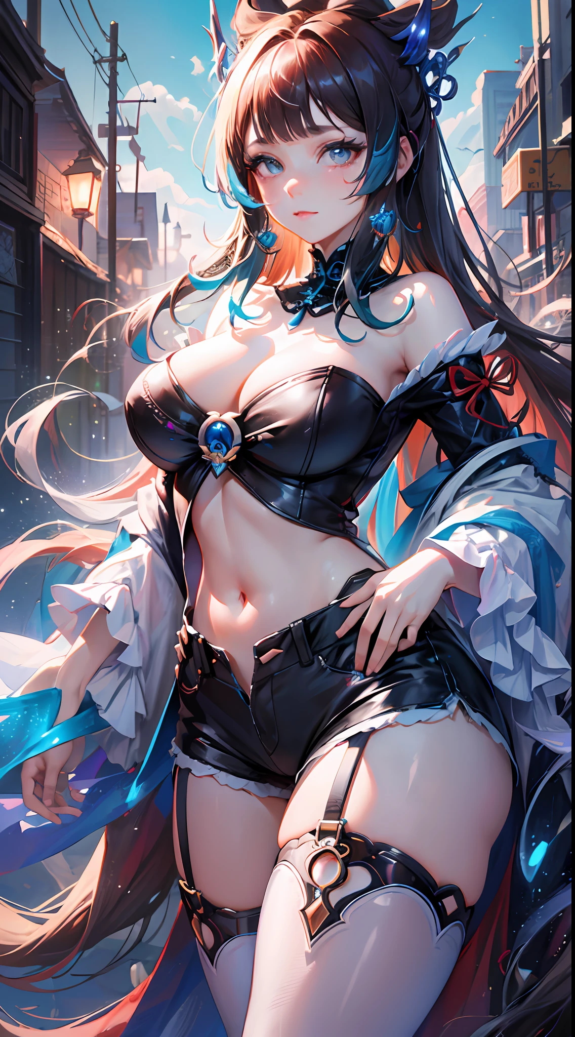 masterpiece, best quality, 1girl, aqua eyes, black hair, closed mouth, multicolored background, looking at viewer, outdoors, solo, upper body, alluring, clean, beautiful face, pure face, pale skin, sexy pose,((tube top, off shoulder, navel, shorts)), long hair, ((perfect female figure)), mature female, milf, narrow waist, chinese deity, seductive, highly detailed,best quality, masterpiece, highres, original, extremely detailed 8K wallpaper,masterpiece, best quality, illustration, beautifully detailed eyes, cinematic lighting,