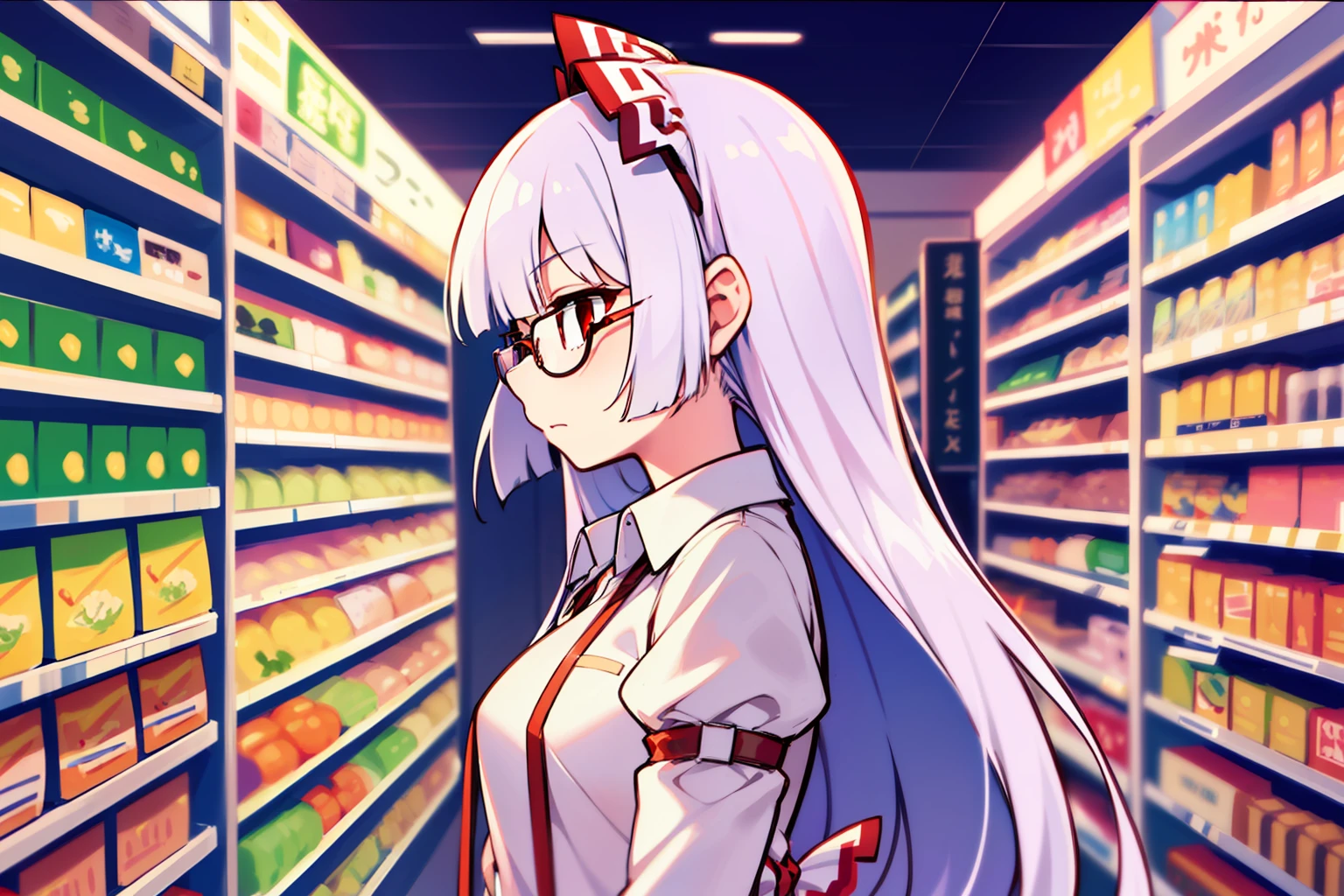 upper_body, profile,fujiwara no mokou、supermarket、wears glasses