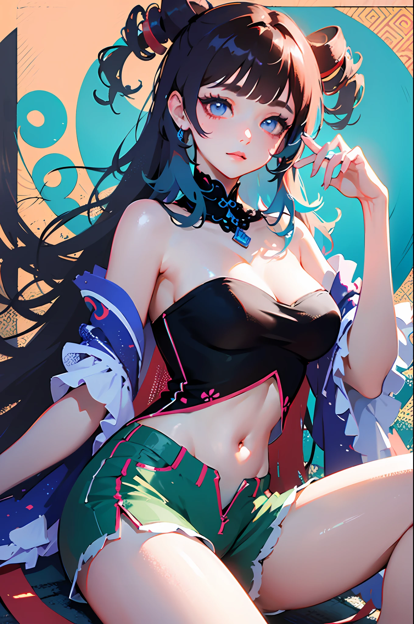 masterpiece, best quality, 1girl, aqua eyes, black hair, closed mouth, multicolored background, looking at viewer, outdoors, solo, upper body, alluring, clean, beautiful face, pure face, pale skin, sexy pose,((tube top, off shoulder, navel, shorts)), long hair, ((perfect female figure)), mature female, milf, narrow waist, chinese deity, seductive, highly detailed,best quality, masterpiece, highres, original, extremely detailed 8K wallpaper,masterpiece, best quality, illustration, beautifully detailed eyes, cinematic lighting,