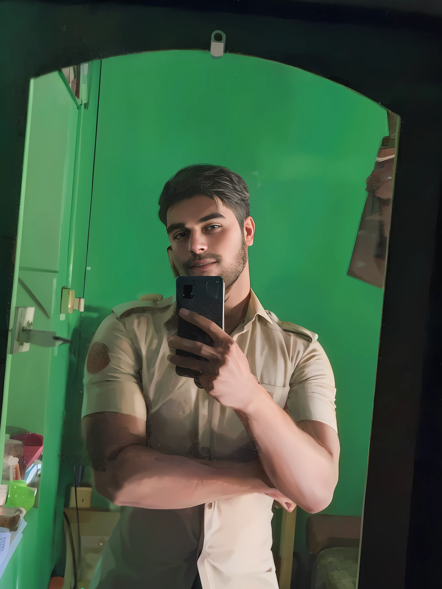 there is a man taking a selfie in a mirror, 8k selfie photograph, very very low quality picture, full body profile camera shot, selfie!!!!! of a man, full body photogenic shot, full body in camera, full body camera shot, cinematic shoot, mirror selfie, shot on nikon z9, frontal pose, selfie of a man, portrait shot 8 k change background us city make handsome anime