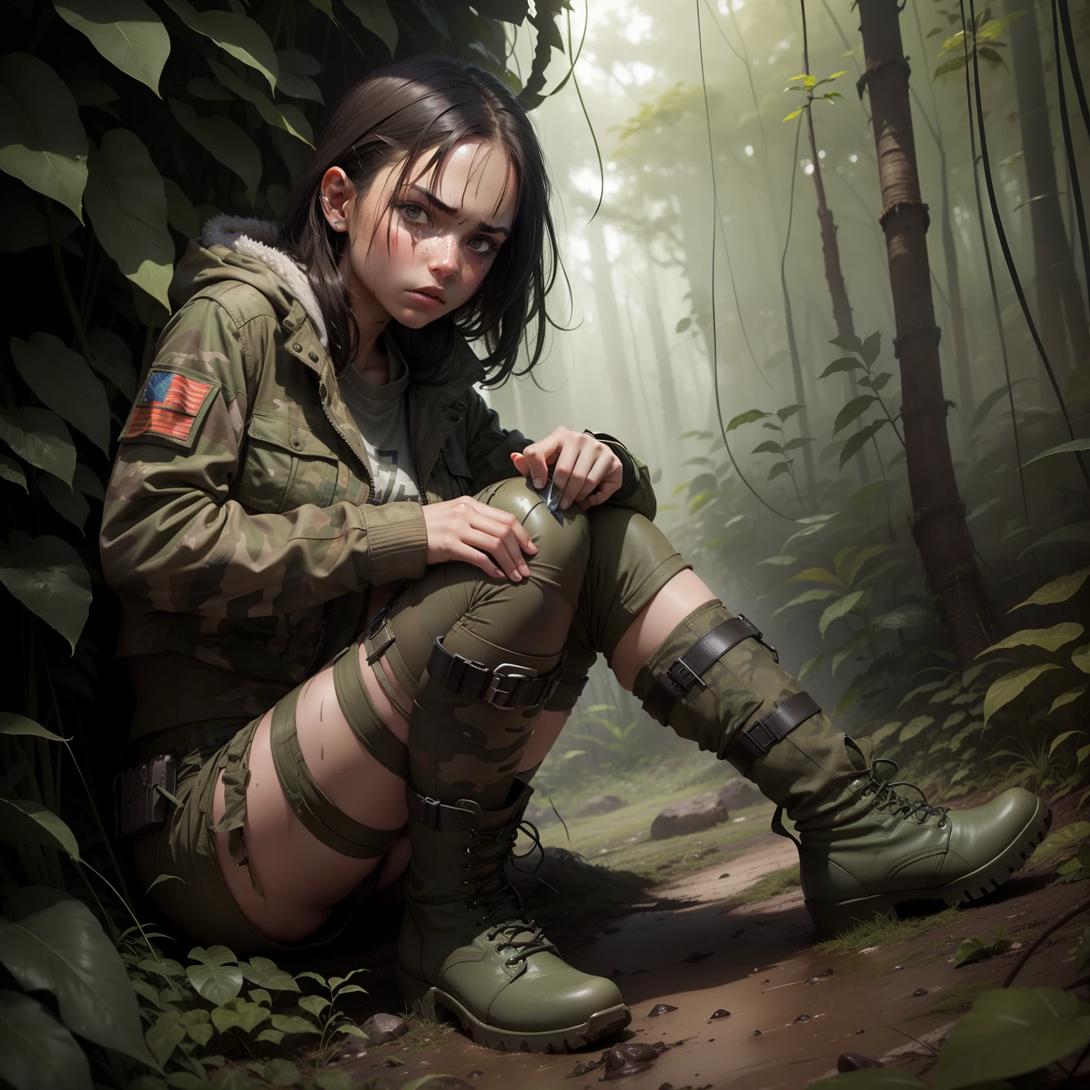 Girl in the jungle, mud, perfect body, realistic face. 1.4 (angry girl), knife, army boot, Ripley: regatta, camouflaged, green + gray. HD 1.5, V4. GAB, ISO. Aerial focus.