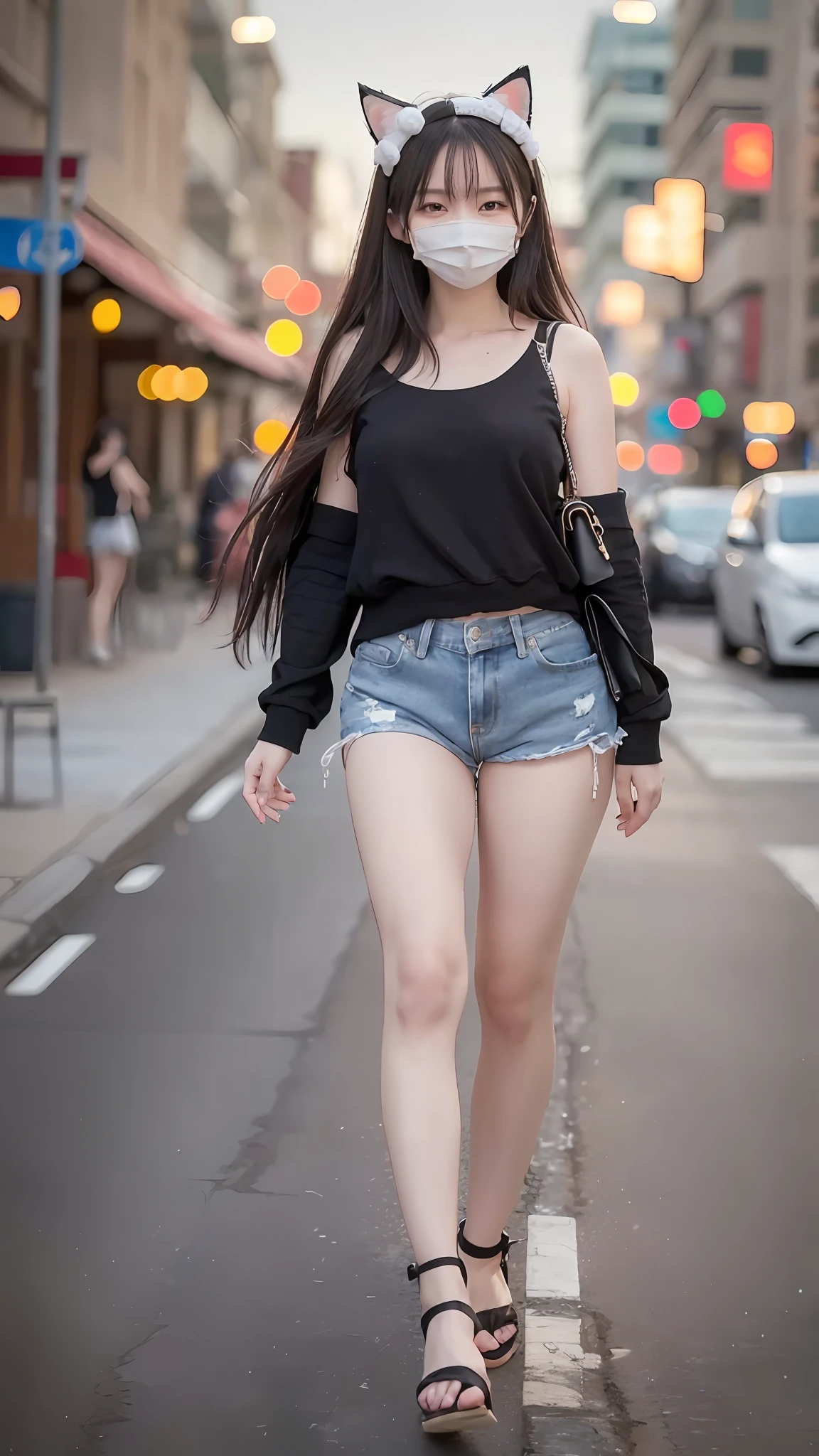 Telephoto,full bodyesbian,Night view,(full bodyesbian:1.5),Smiling,(Walking on the street:1.3),No man's street,fully body photo,(Wear flip-flops:1.3), Streets at night,(cat ear:1.3),depth of fields,Wide,Detailed background,white tank_Top, (Extra-short denim shorts:1.5),Long legs,ssmile,Detailed eyes,depth of fields,Wide,Long legs,(8K, RAW photos, best qualtiy, tmasterpiece:1.2), 1girll, Asians, long whitr hair,,huge tit, boobgasm, (black facemask:1.5), (Long black hair),Slender legs,Long legs, Huge_Breasts,Bumpy figure, Realistis, 独奏,shiny skins,Beautiful and delicate face,美丽detailed eyes,(realisticlying,photograph realistic:1),