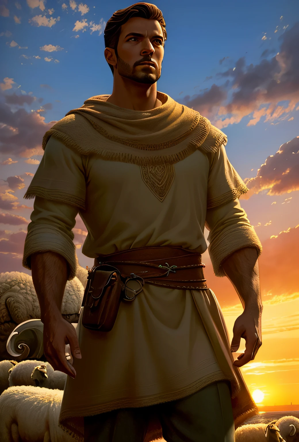 close up de 1 homem 20 anos, atraente, of Latin descent, ((Dress in sheep's shepherd's tunic)) andando no campo, in the sunset, rosto bonito, cabelo preto sobre os ombros, barba cheia e curta, beautiful sky, (oil-painting), classic art: 0.4, detalhado, intrincado, (arte de fantasia), cor silenciada: 0.25, melhor qualidade, boa anatomia, good composition, good proportions, bom design, dinamic pose, boa pose, realistic sky, fundos realistas, (cinemactic), (mais alta qualidade, premiado, obra-prima:1.3), (arte de Arthur Rackham:0.5), (((cores naturais))), (fotorrealista:1.4)