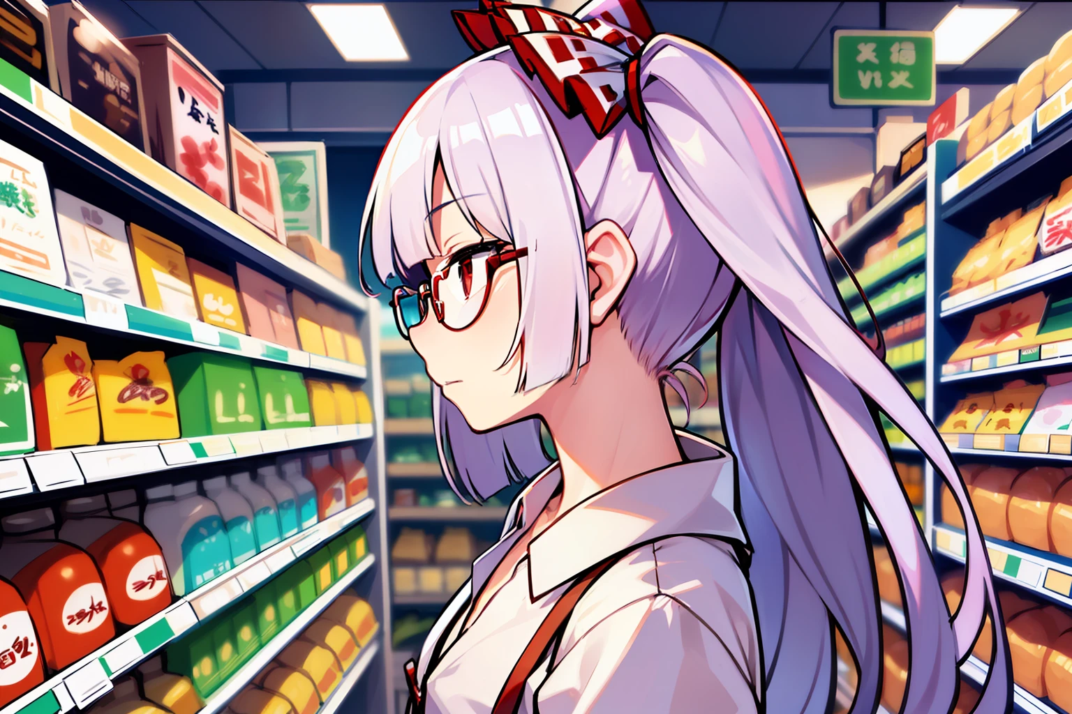 upper_body, profile,fujiwara no mokou、supermarket、wears glasses