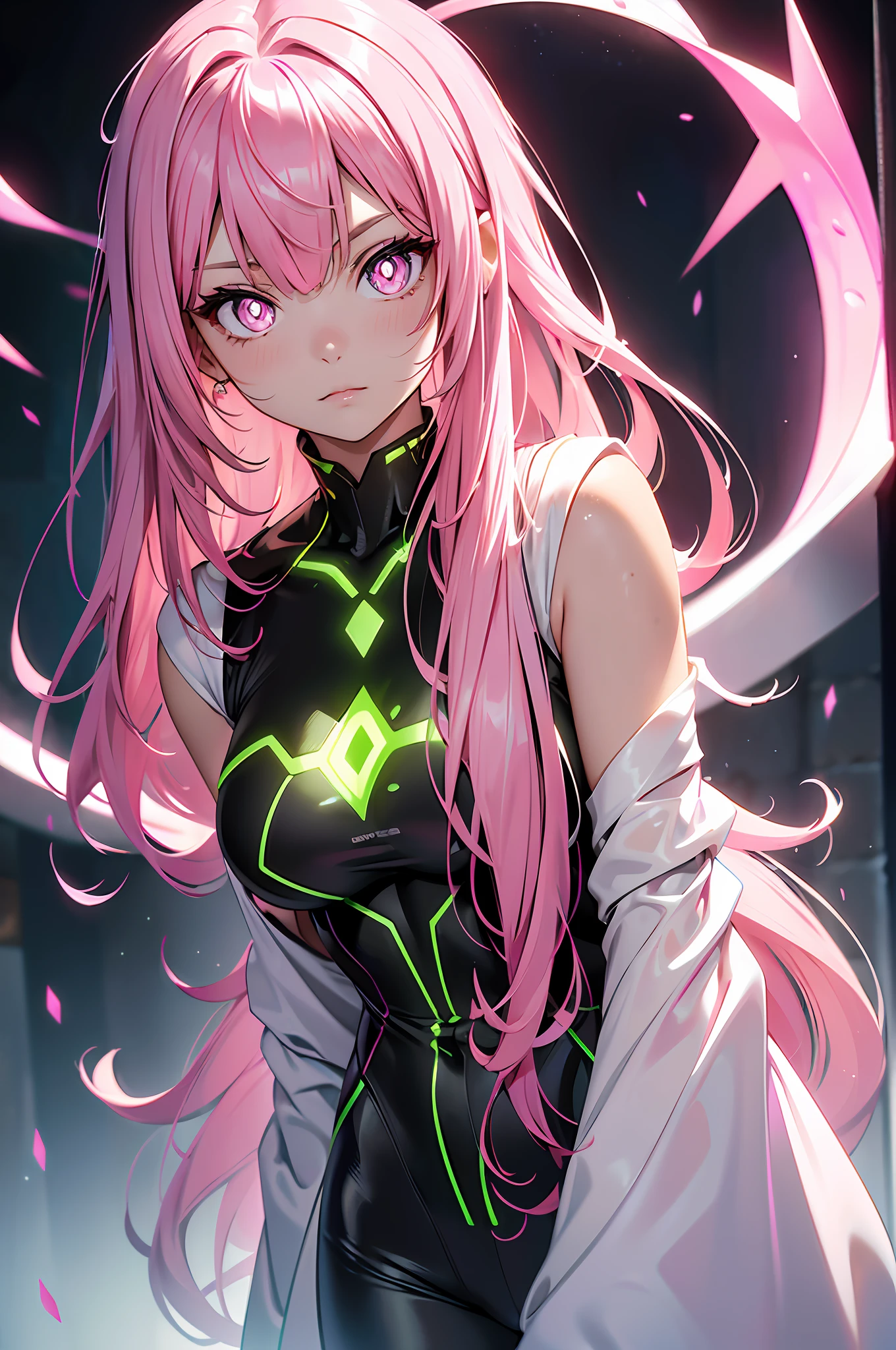 Slime Suit、(((masutepiece))),((ultra-detailliert,Best Quality, hight resolution, 8K Wallpaper, Beautiful clothes,)),fullllbody,Fulll body Shot (1 girl)((Pink hair, Long hair,Straight hair,two side up)) (Green eyes),eyeshadows, eye line,gloweyes, ultradetailed eyes, intricate eyes, Beautiful eyes, ((Glowing pink pupils))18-year-old girl.