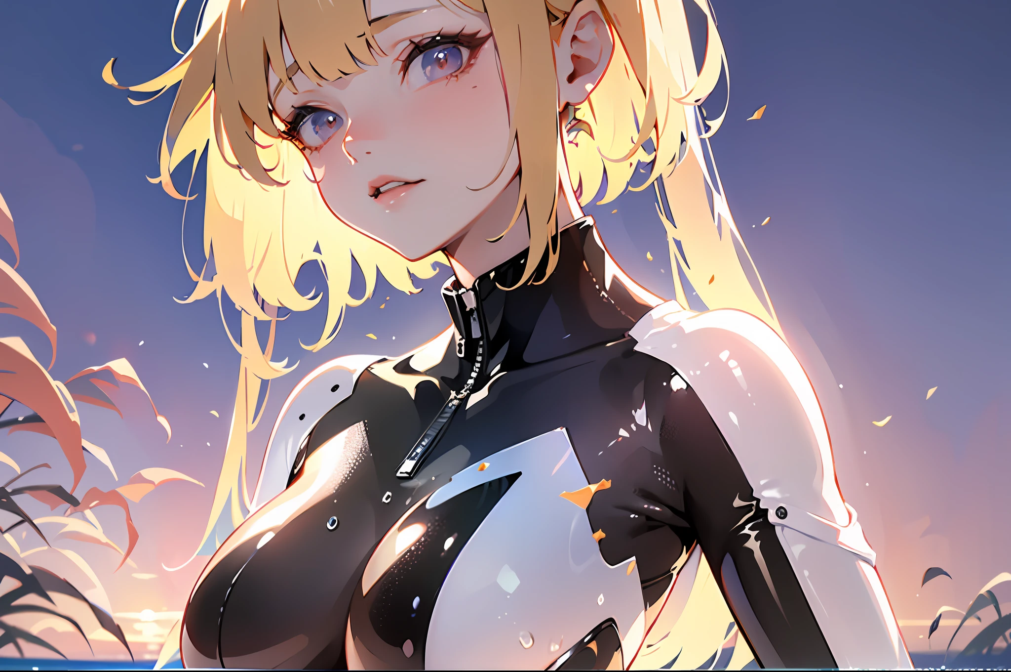 8K resolution, refined features, perfect face, glowing skin, high detail, latex_bodysuit, creamy white mucus body, enveloping the whole body, transparent liquid texture, sexy,busty,upright_straddle, sunrise, water, side view