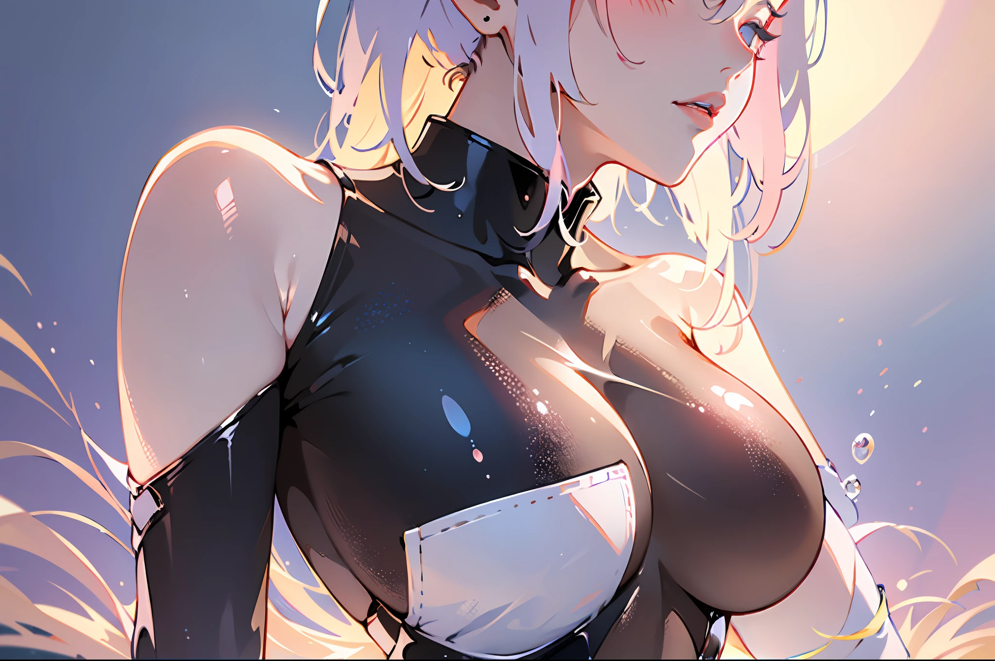 8K resolution, refined features, perfect face, glowing skin, high detail, latex_bodysuit, creamy white mucus body, enveloping the whole body, transparent liquid texture, sexy,busty,upright_straddle, sunrise, water, side view