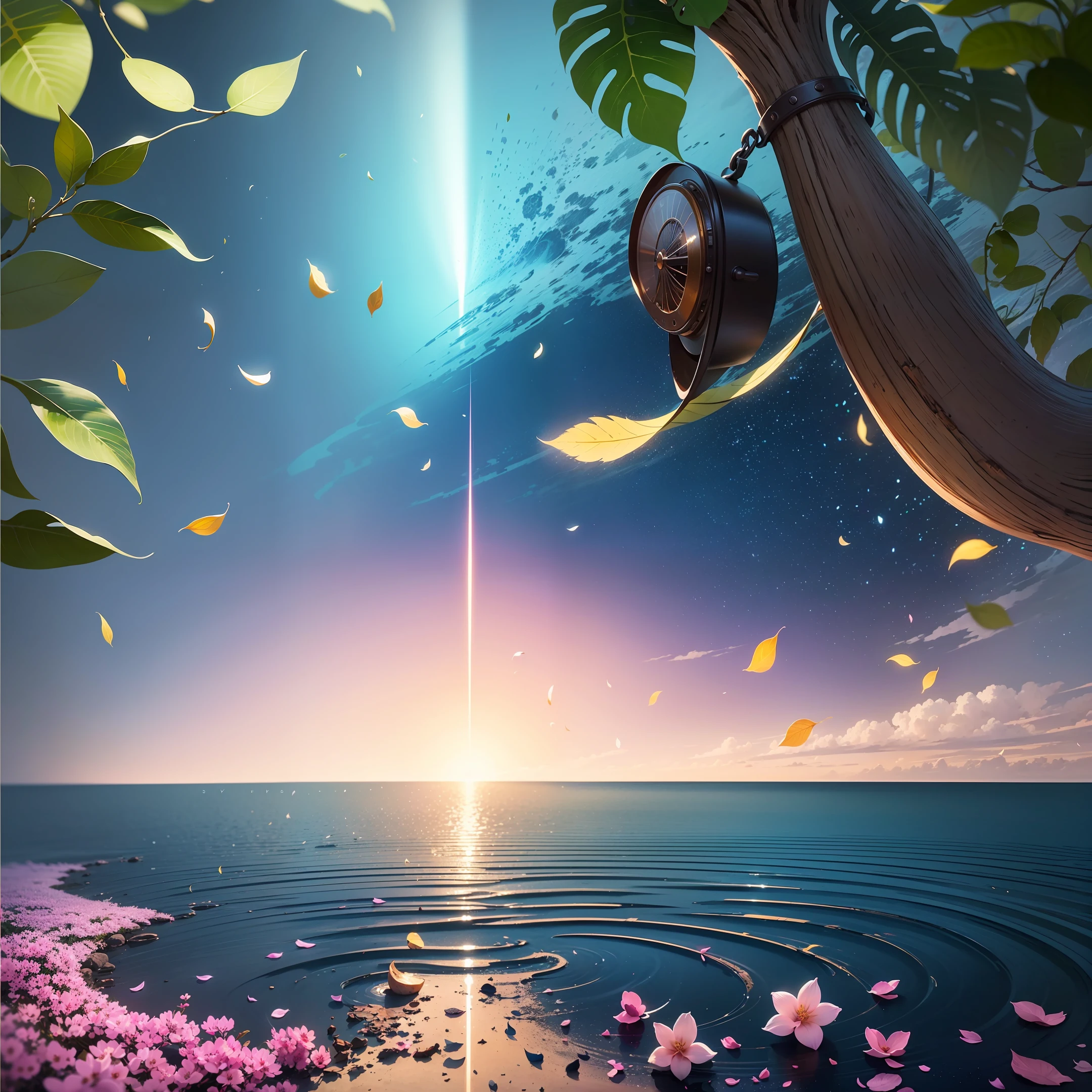 Masterpiece, best quality, (very detailed CG unity 8k wallpaper) (best quality), (best illustration), (best shadows) Nature', blue sea,delicate leaves petals of various colors falling in the air light Grande angular captandomaior amplitide.Tracking, super detailed --auto --s2