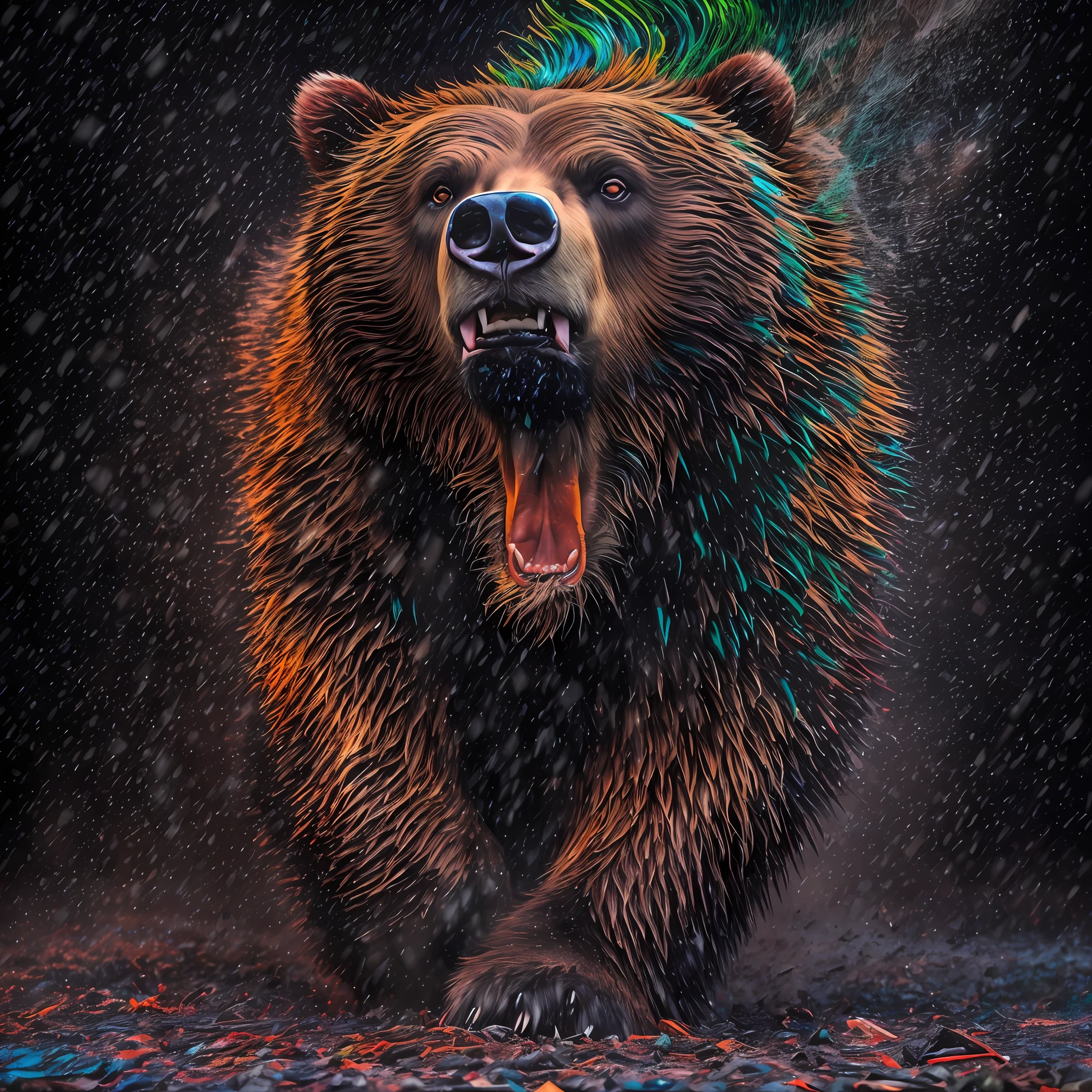 A grizzly bear sliding down a nuclear rainbow, full body shot, Best quality, masterpiece, ultra high res, raw photo, acid rain, thick fire hair, covered with acid, calm roaring angry mad expression, frantic, evil smile, as clothing, face, shoulders, inhuman pose, details, black background, no , frame, splatter, extreme detail, 3d, 8k, , on the , voluminous but still long, raining . By Joshua Holford Photography Award Winning and Flare fz80. araffe grizzly bear black red his , portrait of , artist wearing bones, circus evil , fully in colorful darkness , inspired Candido Bido, , weird expressionist , splash color draw out light, colored , made , dramatic portraiture namenlos