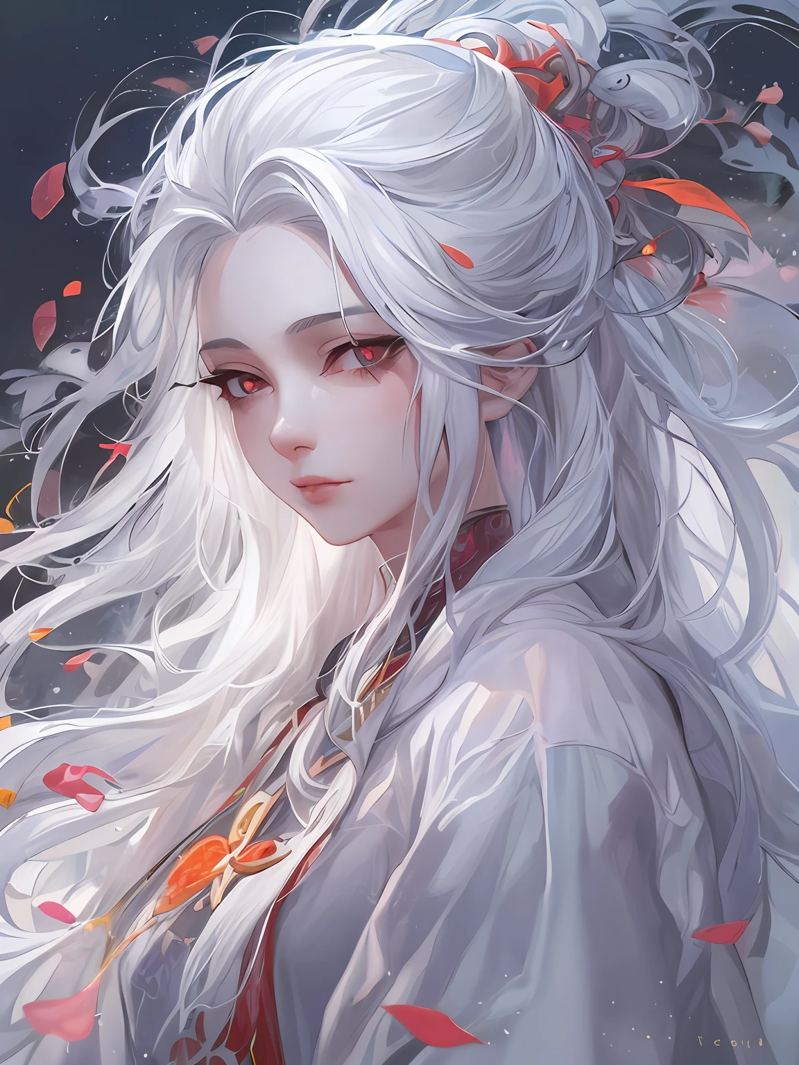 A pixiv competition winner, fantasy art, white-haired god, beautiful character painting, guvez style artwork, dazzling gaze of Yuki Onna, guweiz, long white hair, flowing hair and robes, cute big eyes, illustrations, fine lines, deep color
