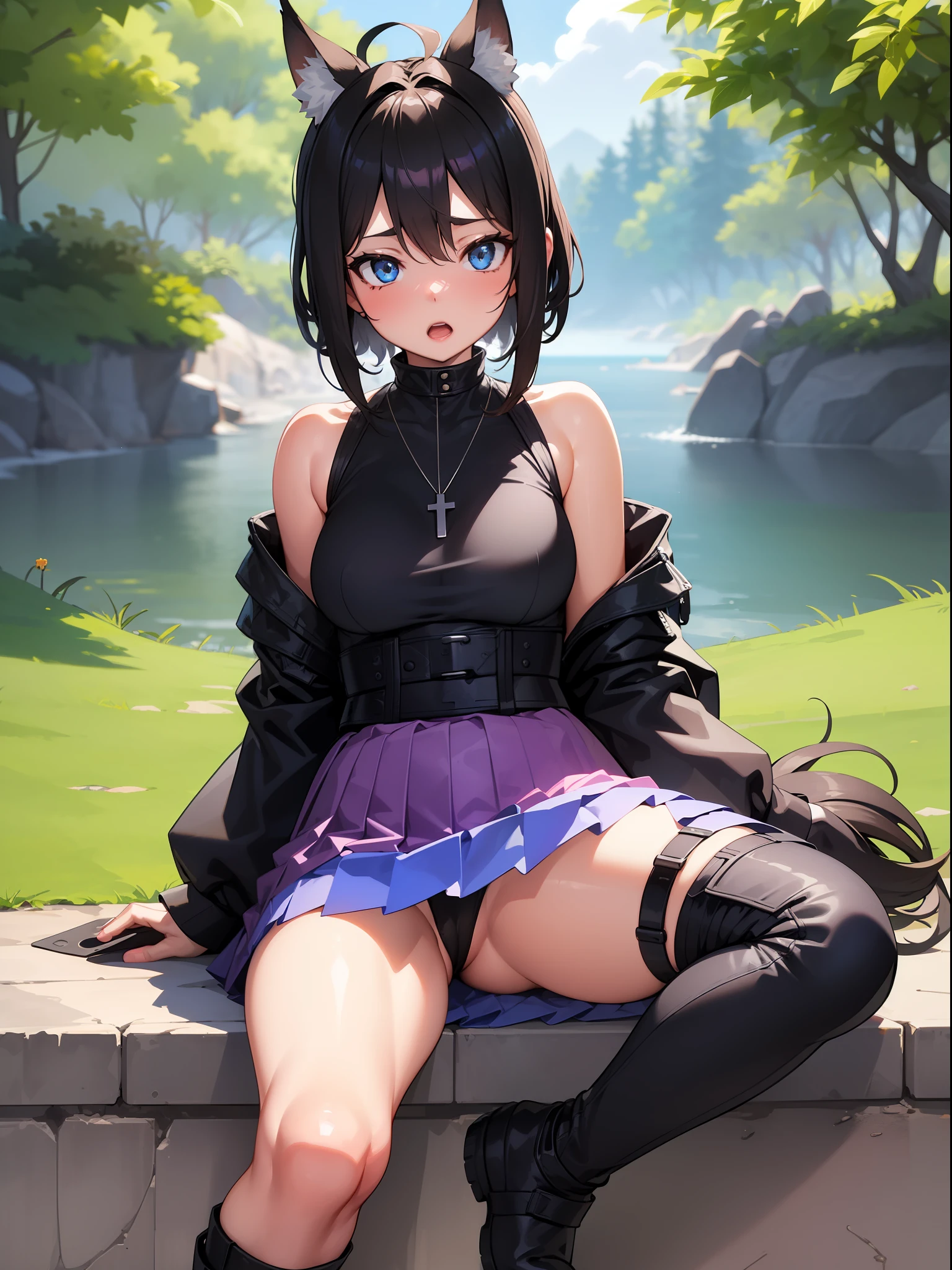 (((((kid))))), Girl who loves nature with blue eyes, Long flowing black hair. She wears practical yet stylish clothes, Featuring cargo pants, Utility Vest, and hiking boots, Compass necklace and,Open_shoulders, Open_Legs, Sitting_Down,finely detail, Beautiful detailed girl, Beautiful detailed girl, Side, very detailed body short hair curly hair between eyes short ponytail hair ingestion light brown hair flowing hair ahoge girl looked fed up beautiful detailed deep eyes fox_Ears Slightly open mouth Two arms Human hands Flat chest Top quality midriffs White skin Scrunchies Iridescent and iridescent dresses Stripes Translucent pink skirt Large top sleeves Curved thin fishtail Exquisite indoor and outdoor fabrics Beautiful clear background Detailed shadow logo Highly detailed CG8k wallpaper Highly detailed CG Unity wallpaper Highly detailed CG Unity 8k wallpaper