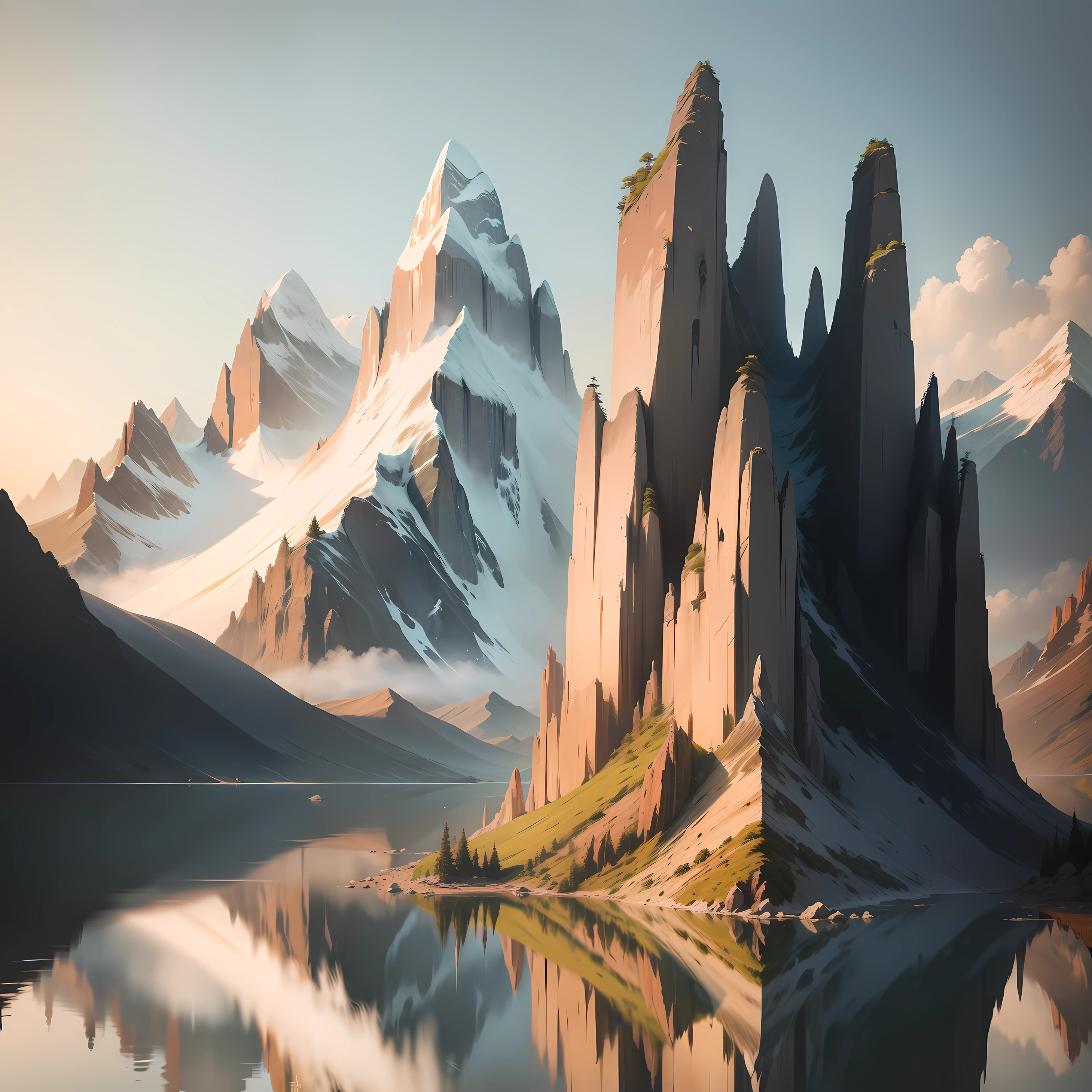 The painting is inspired by traditional Chinese landscape painting，Adopt a sketch style，Emphasize the three-dimensional sense and texture of the mountains。There are towering peaks in the picture，There is a light mist in the distance，It feels profound。Delicate lines blend between the peaks and the mountains，The texture and texture of the rock is highlighted。

The surface of the water in the picture is calm，Draw the texture of the water waves，Reflecting the mountains in the distance，Enhanced the three-dimensional sense of the picture。There are a few clouds in the sky，It adds a touch of soft atmosphere to the picture。

Overall，This landscape painting sketches the height and texture of the mountains，At the same time, through the three-dimensional strong picture，It shows the charm of Chinese landscape painting。